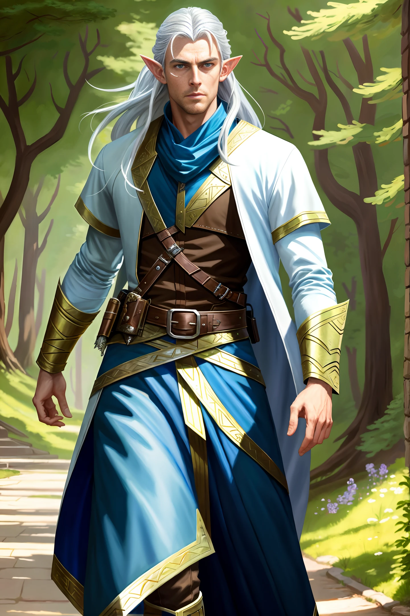 Handsome young western RPG character painting ,slim ,dynamic pose ,long silver hair ,elf ,coarse cloth ,beardless ,blue eyes ,(ranger) ,empty-handed ,single character ,(masterpiece:1.4) (best quality:1.4) (8k) (HDR) (wallpaper) (cinematic lighting) (sharp focus) (intricate) (Style-Sylvamagic:0.5) (EvelynNobodySD15:1.0)