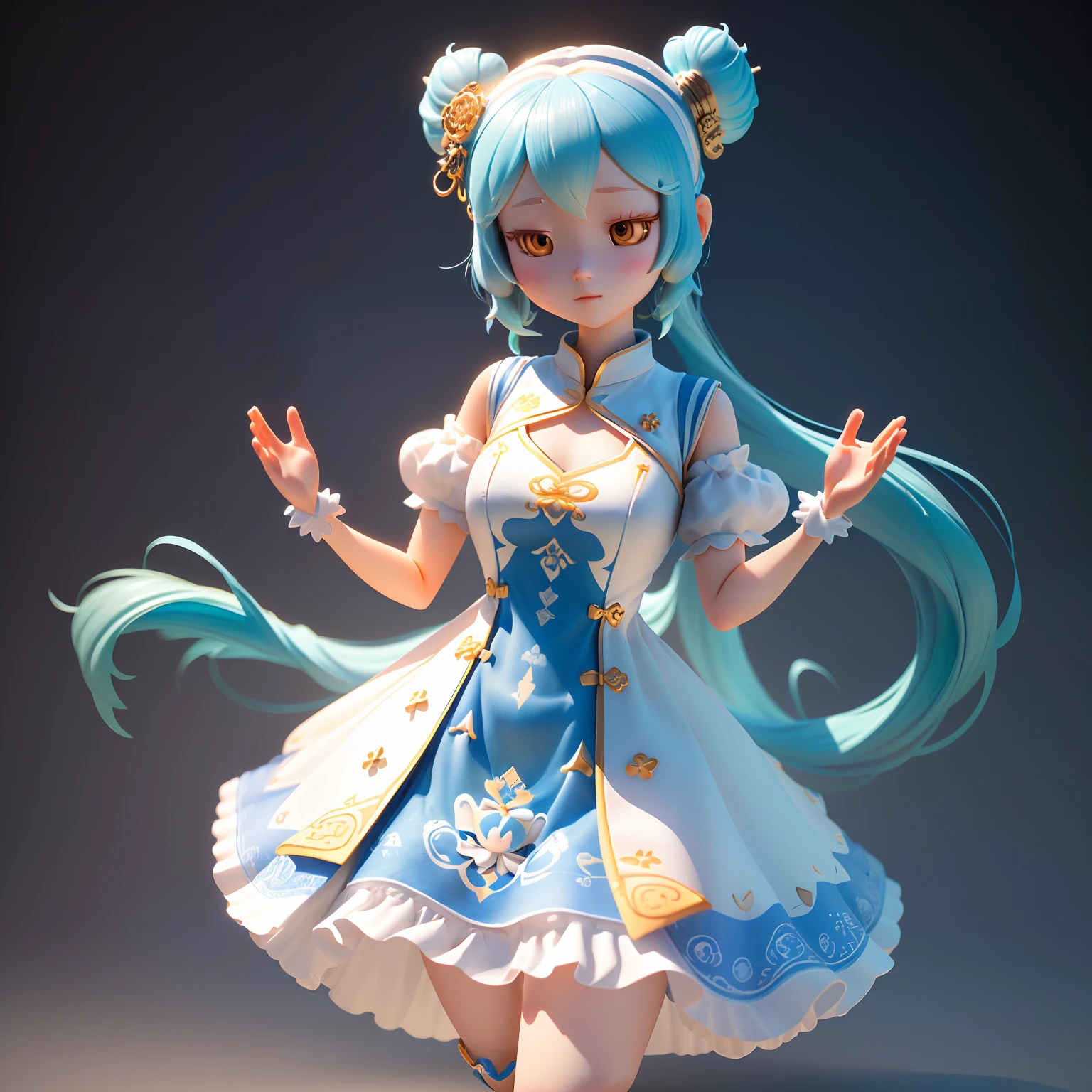 Blind Box Style Girl character, 3D toy full body, cute,delicate and beautiful features, Dunhuang dress, flowing, complex design, white background, Natural lighting, 8K, best quality, ultra - detail, C4D, Blender, OC renderer, ultra HD, 3D rendering
