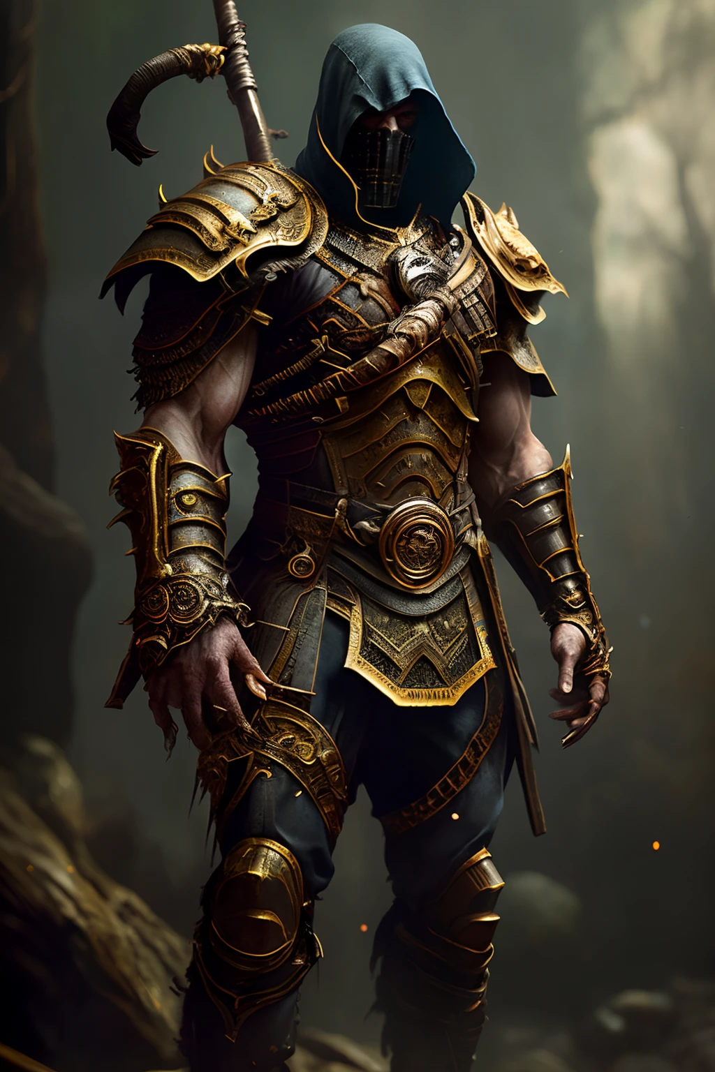 A (full body:1.3) shot at 8k resolution, splash art, fantastic comic book style, photorealistic, intense look, anatomical photorealistic digital painting portrait of a (old male:1.3) human (warrior:1.3) in black and gold intricate (heavy armor:1.3) in a (dark and moody universe:1.3), light particle, very detailed skin,samurai, very detailed eyes, (elden ring style:1.3), (warhammer style:1.1), concept artist, global illumination, depth of field, splash art, art by artgerm and greg rutkowski and viktoria gavrilenko