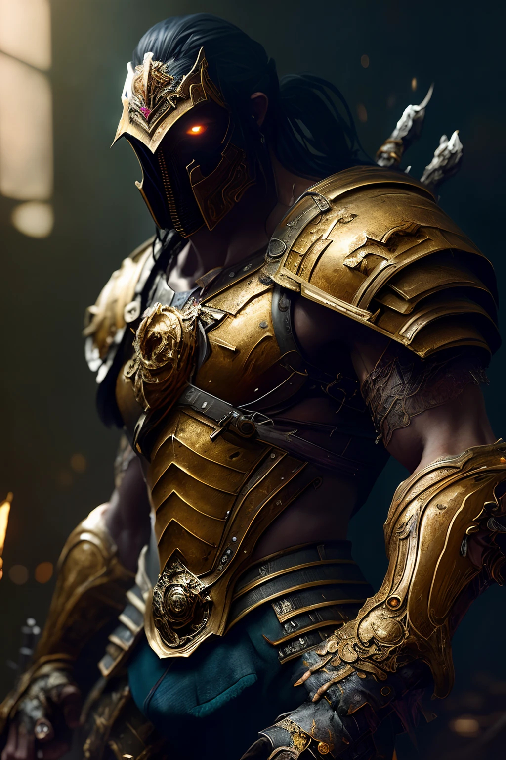 A (full body:1.3) shot at 8k resolution, splash art, fantastic comic book style, photorealistic, intense look, anatomical photorealistic digital painting portrait of a (old male:1.3) human (warrior:1.3) in black and gold intricate (heavy armor:1.3) in a (dark and moody universe:1.3), light particle, very detailed skin,samurai, very detailed eyes, (elden ring style:1.3), (warhammer style:1.1), concept artist, global illumination, depth of field, splash art, art by artgerm and greg rutkowski and viktoria gavrilenko