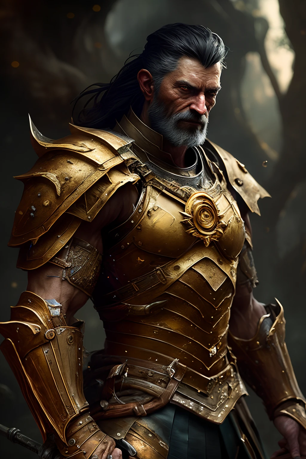 A (full body:1.3) shot at 8k resolution, splash art, fantastic comic book style, photorealistic, intense look, anatomical photorealistic digital painting portrait of a (old male:1.3) human (warrior:1.3) in black and gold intricate (heavy armor:1.3) in a (dark and moody universe:1.3), light particle, very detailed skin,samurai, very detailed eyes, (elden ring style:1.3), (warhammer style:1.1), concept artist, global illumination, depth of field, splash art, art by artgerm and greg rutkowski and viktoria gavrilenko