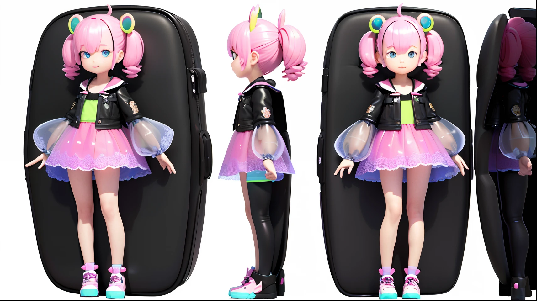 3D toy little girl, exaggerated hair, (complete person) (multi-faceted view of the same character, front, side, back) 3d hair, beautiful eyes, big eyes with pink-green gradient, POP mart, fluorescent translucent, glowing body, kawaii, bauhaus, colorful, plastic, transparent, product design, glowing jelly, cute and cute plastic mechanical part, awesome Lighting, 3d, digital art, translucent plastic bubblegum, close up, 3d, super detailed, generated Three views namely front view, side view and rear view, borderless, C4D, Octane render, Blender, HD, full body, simple background!