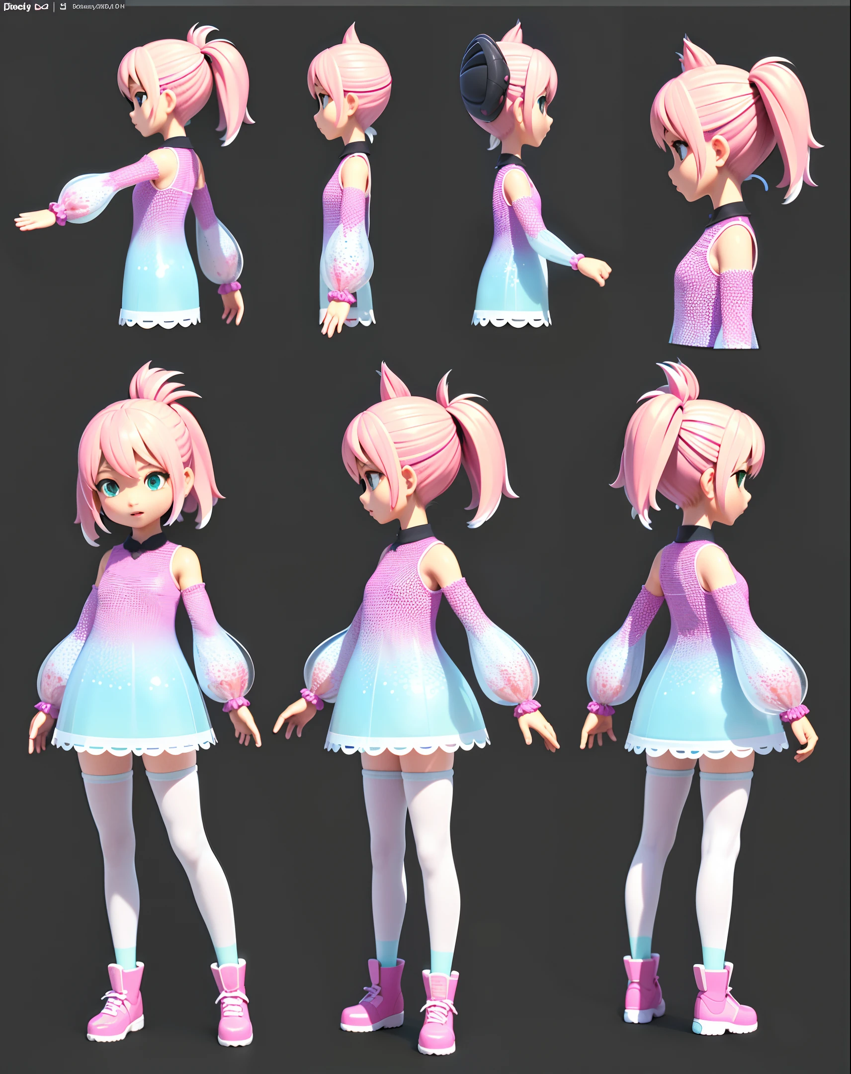 3D toy little girl, exaggerated hair, (full body) (same character, chibi,front, side, back) 3D hair, petite,nice eyes, big eyes with pink-green gradient, fluorescent translucent, colorful, plastic, transparent, product design, glowing jelly , delicate and cute plastic, delicate lighting 3d, digital art, translucent plastic bubblegum, close-up, 3d, super detailed, generate front view, side view and rear view three views, no borders, c4d, Octane rendering, Blender, HD, full body , simple background! detailed plastic material,