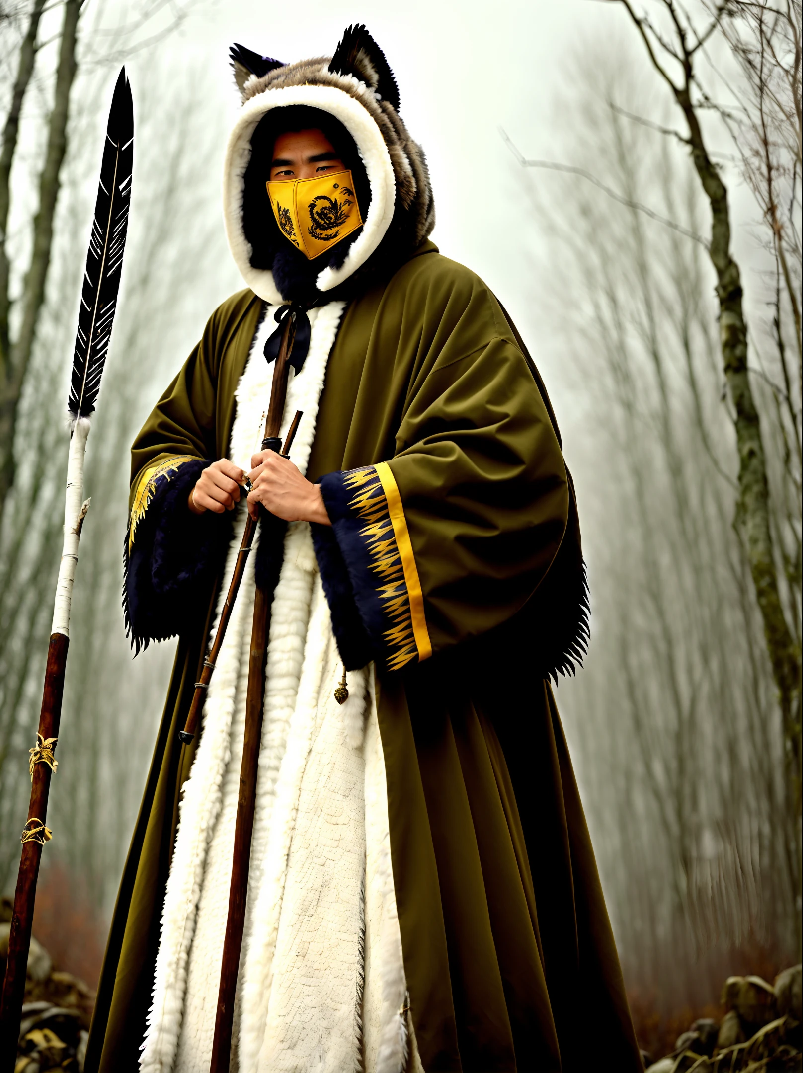 Dressed in an eagle feather robe, wearing a hood made of wolf skin and a mask made of wolf skull, the man has a yellow to white complexion, green pupils, and a gloomy and passionate complexion. He holds a wooden staff decorated with feathers and sheep skull, and is a tall man。