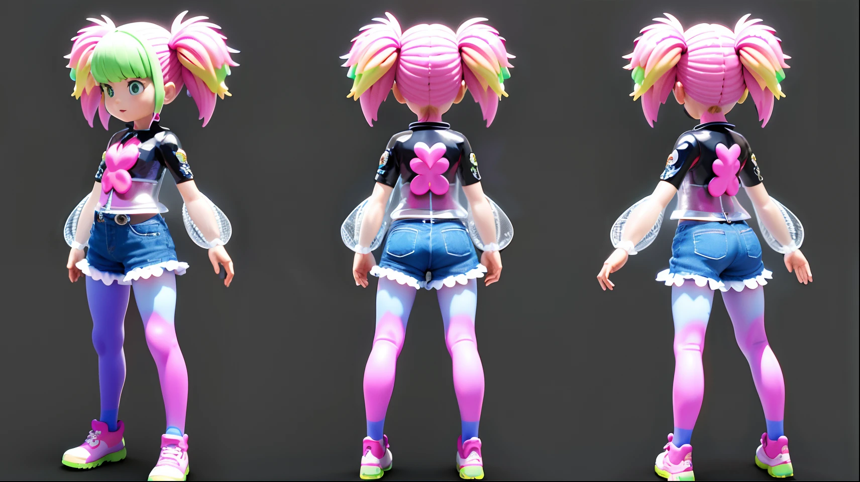 3D toy little girl, exaggerated hair, (complete person) (multi-faceted view of the same character, front, side, back) 3d hair, beautiful eyes, big eyes with pink-green gradient, POP mart, fluorescent translucent, glowing body, kawaii, bauhaus, colorful, plastic, transparent, product design, glowing jelly, cute and cute plastic mechanical part, awesome Lighting, 3d, digital art, translucent plastic bubblegum, close up, 3d, super detailed, generated Three views namely front view, side view and rear view, borderless, C4D, Octane render, Blender, HD, full body, simple background!