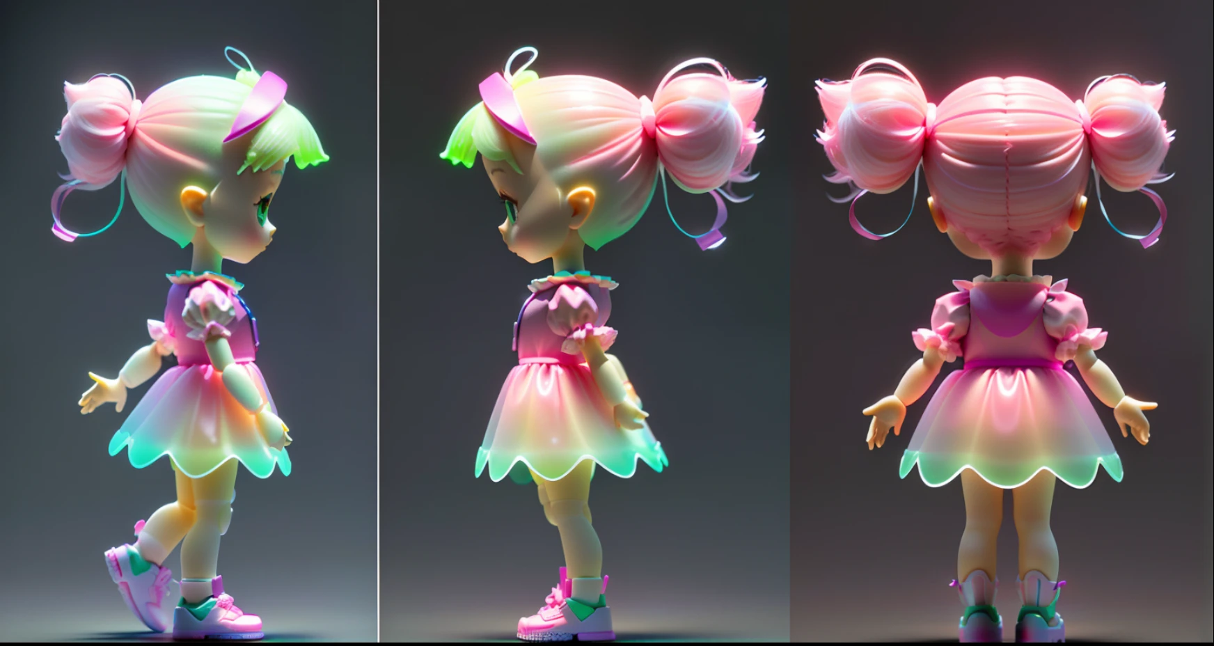 3D toy little girl, exaggerated hair, (full body) (same character, front, side, back) 3D hair, nice eyes, big eyes with pink-green gradient, fluorescent translucent, colorful, plastic, transparent, product design, glowing jelly , delicate and cute plastic, delicate lighting 3d, digital art, translucent plastic bubblegum, close-up, 3d, super detailed, generate front view, side view and rear view three views, no borders, c4d, Octane rendering, Blender, HD, full body , simple background! detailed plastic material,