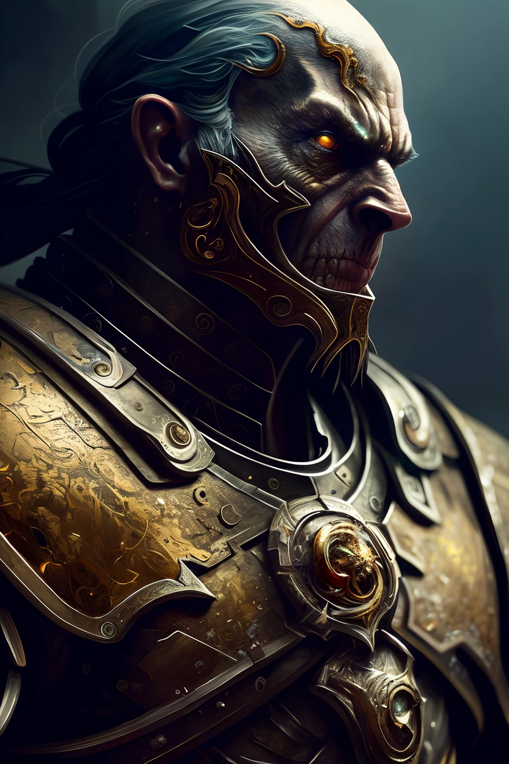 (Painting:1.3) of (Detailed illustration:1.3) A (full body:1.3) shot at 8k resolution, splash art, fantastic comic book style, photorealistic, intense look, anatomical photorealistic digital painting portrait of a (old male:1.3) human (warrior:1.3) in black and gold intricate (heavy armor:1.3) in a (dark and moody universe:1.3), light particle, very detailed skin,samurai, very detailed eyes, (elden ring style:1.3), (warhammer style:1.1), concept artist, global illumination, depth of field, splash art, art by artgerm and greg rutkowski and viktoria gavrilenko