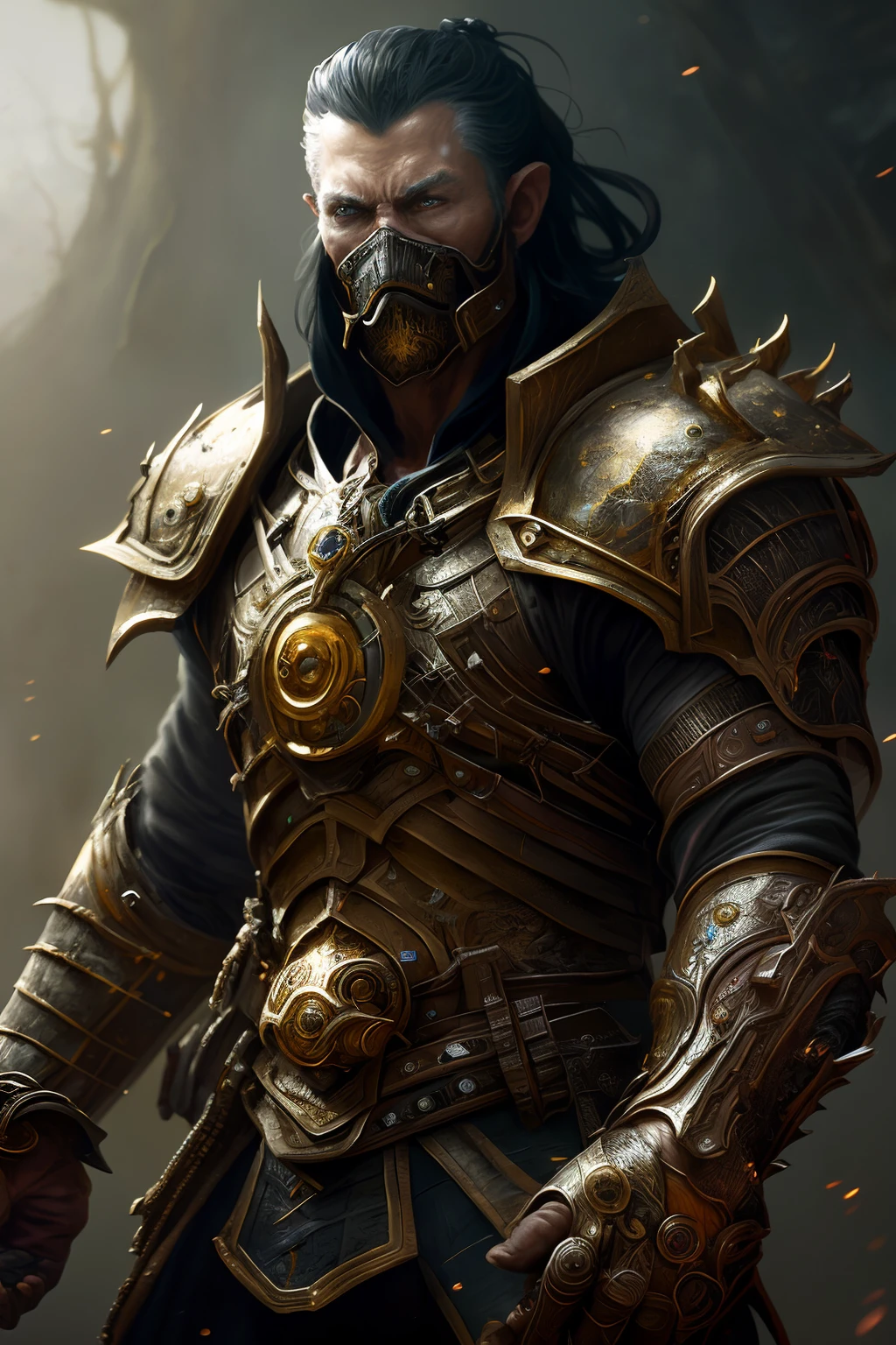 (Painting:1.3) of (Detailed illustration:1.3) A (full body:1.3) shot at 8k resolution, splash art, fantastic comic book style, photorealistic, intense look, anatomical photorealistic digital painting portrait of a (old male:1.3) human (warrior:1.3) in black and gold intricate (heavy armor:1.3) in a (dark and moody universe:1.3), light particle, very detailed skin,samurai, very detailed eyes, (elden ring style:1.3), (warhammer style:1.1), concept artist, global illumination, depth of field, splash art, art by artgerm and greg rutkowski and viktoria gavrilenko