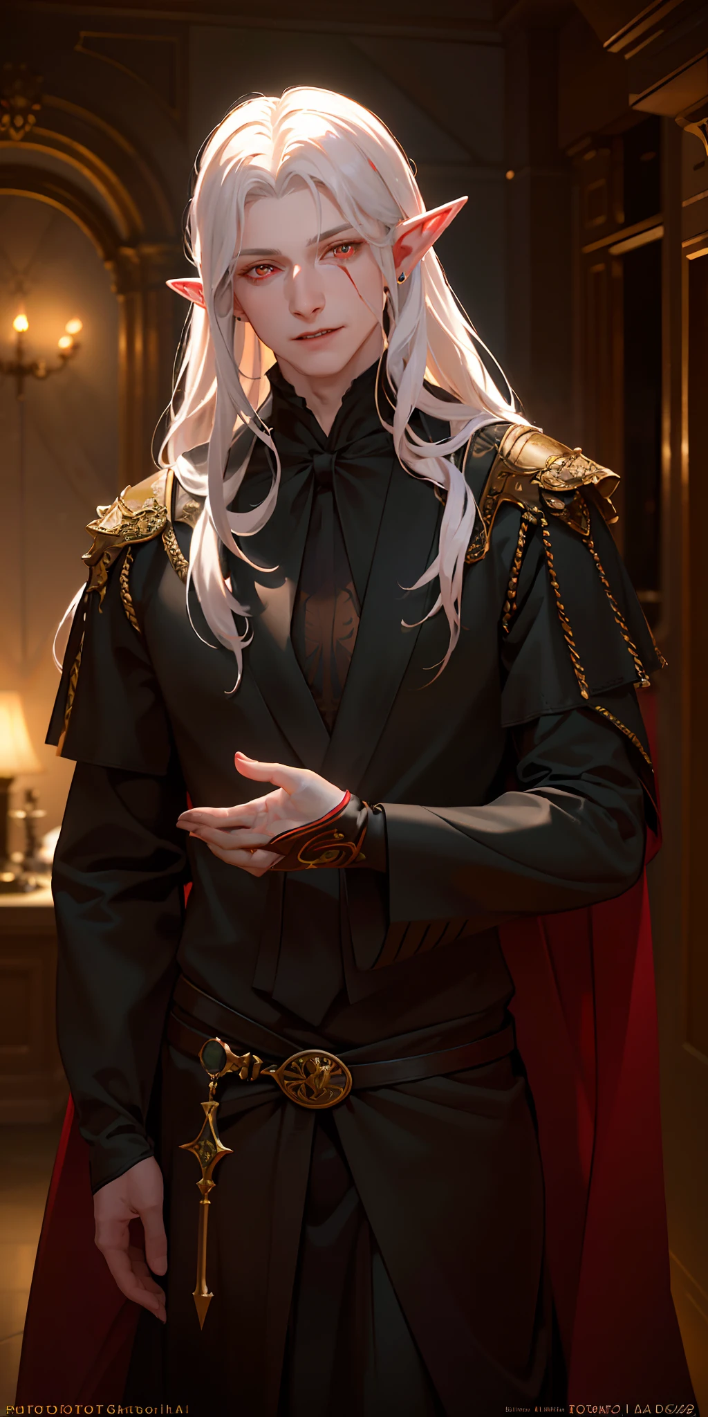 (photorealistic:1.4),(masterpiece),(best quality),(cinematic lighting), luxurious, 8k, detailed, ray tracing, depth of field, cinematic lighting, blood,1 adult male,man,thin,muscle,pointed ear,male elf,pale skin,long curly white hair,red glowing eyes,smile,blood,two daggers,cloak,vampire