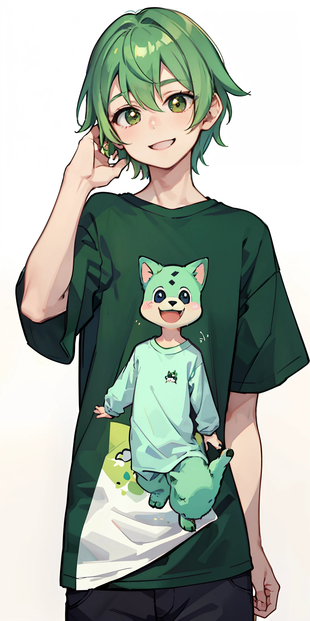 A boy with green hair, smiling brightly and handsome, wearing a T-shirt with cute little dogs printed on it