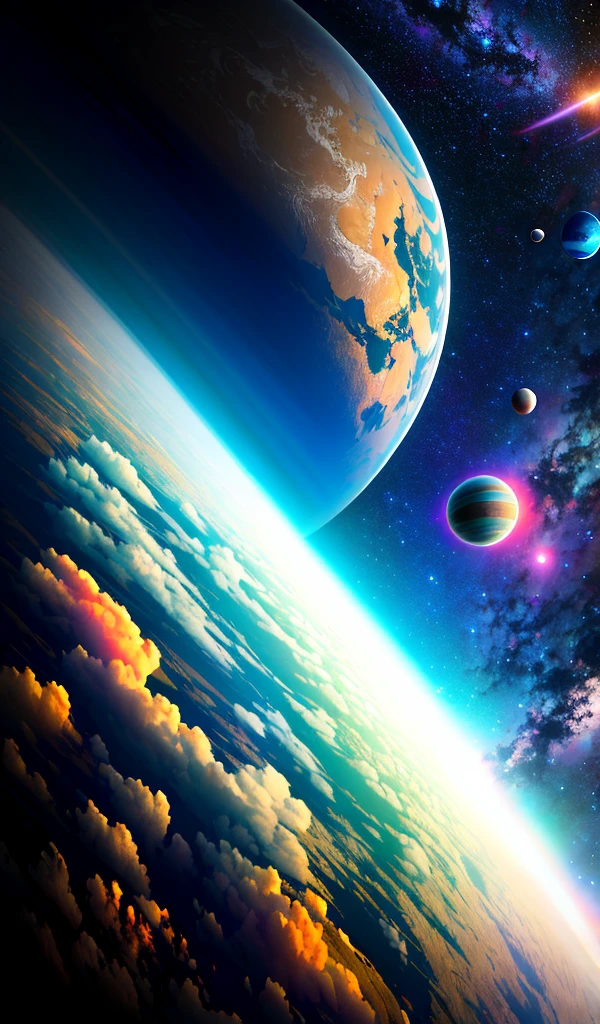 Masterpiece, best quality, high quality, extremely detailed CG Unity 8k wallpaper featuring the universe, with a spaceship waiting to take off, a distant Earth, planets, and futuristic, highly advanced civilizations. The image boasts high dynamic range, bloom, chromatic aberration, and photorealistic effects, with intricate details that are trending on Artstation and CGsociety. The artwork, created by Midjourney, is dramatic and highly detailed.