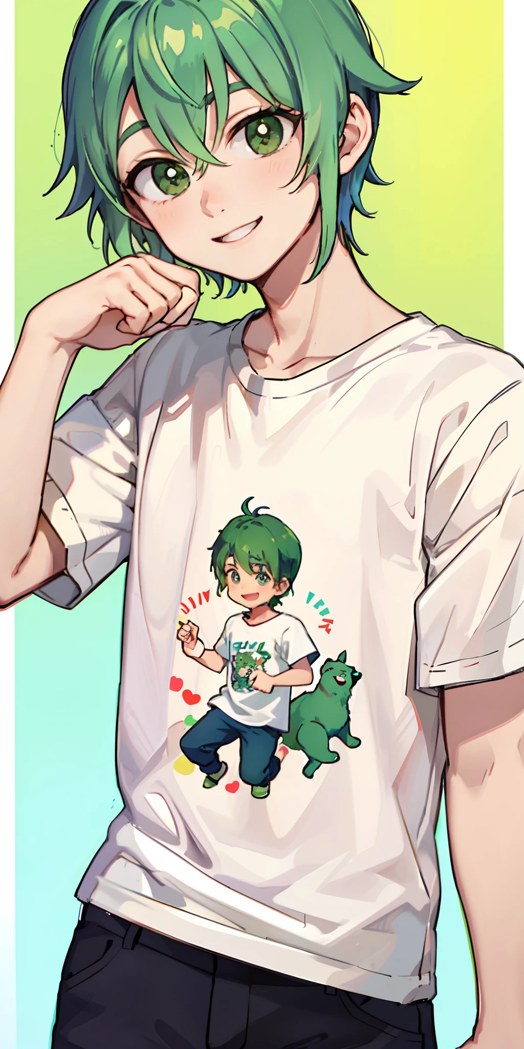 A boy with green hair, smiling brightly and handsome, wearing a T-shirt with cute little dogs printed on it