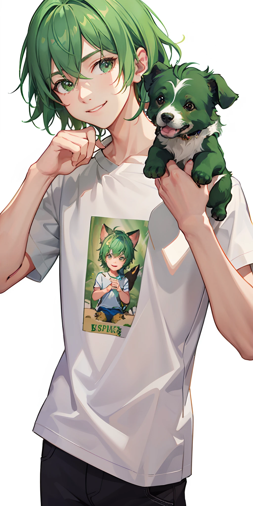 This is an extremely detailed CG portrait with the best lighting and shadows. There is a charming and radiant boy with green hair, wearing a cute casual T-shirt with a little dog pattern, and a green little dog lying on his shoulder. His smile is bright, and his beautiful face exudes warmth and charm.
