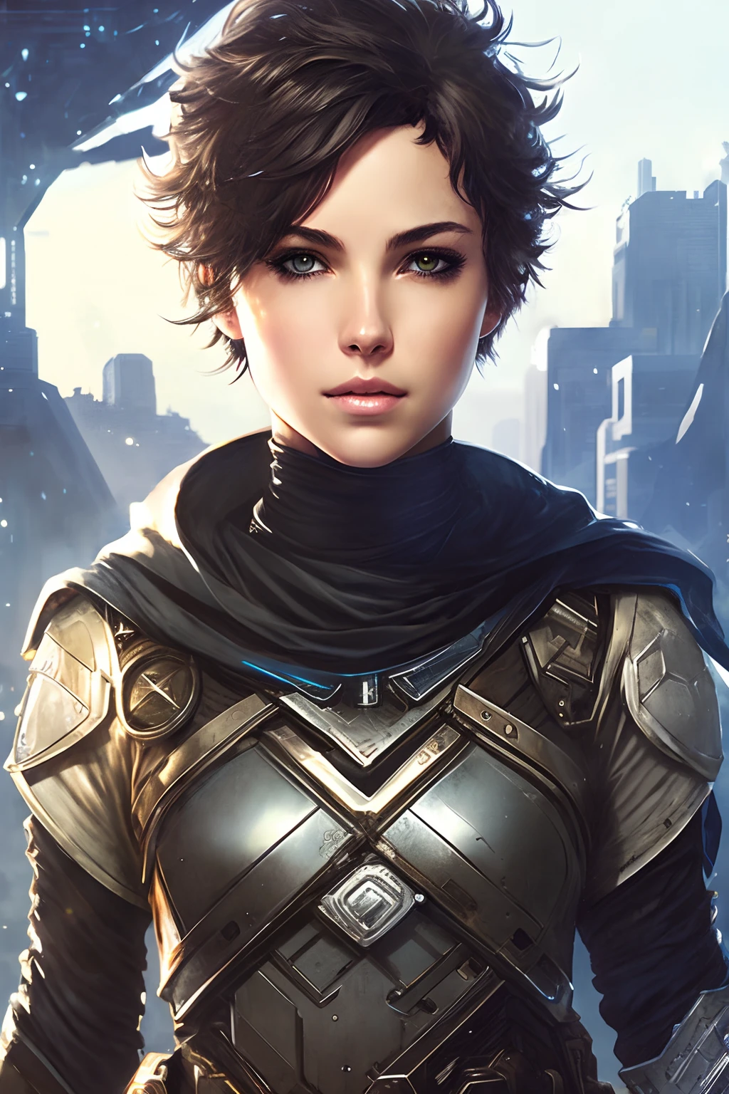 sci-fi, space rogue thief girl, (smirk:1.1), short hair, black hood, light armor, big grey eyes, beautiful detailed eyes, drawn by Greg Rutkowski, Yoji Shinkawa:0.6