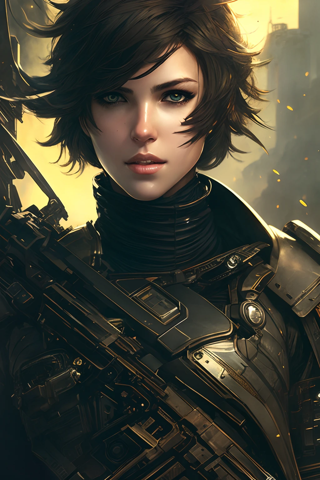 sci-fi, space rogue thief girl, (smirk:1.1), short hair, black hood, light armor, big grey eyes, beautiful detailed eyes, drawn by Greg Rutkowski, Yoji Shinkawa:0.6
