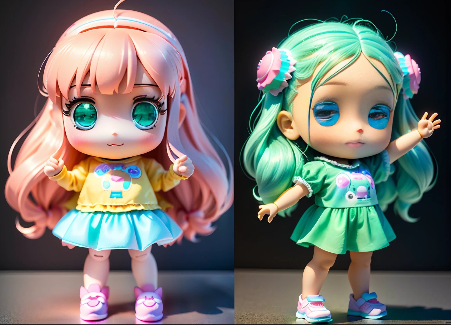 The full body 3d artwork of super cute girl, front view, side view, back view,  good-looking eyes, big eyes ,Amusement park, ice cream, girl, cute, happy,  c4d,pop Matt Blind Box, ,  glowing bubbles, toys，solid color background, chibi, fluorescent translucent, glowing body,kawaii,, doll, concept art, T pose, reference sheet, pop mart blind box, Pixar, long hair, green watery - eyes,luxury, complex details, 3d render, blender, OC renderer, foll body reference sheet, dribble, high details, 8k, studio lighting,sd character:1.1