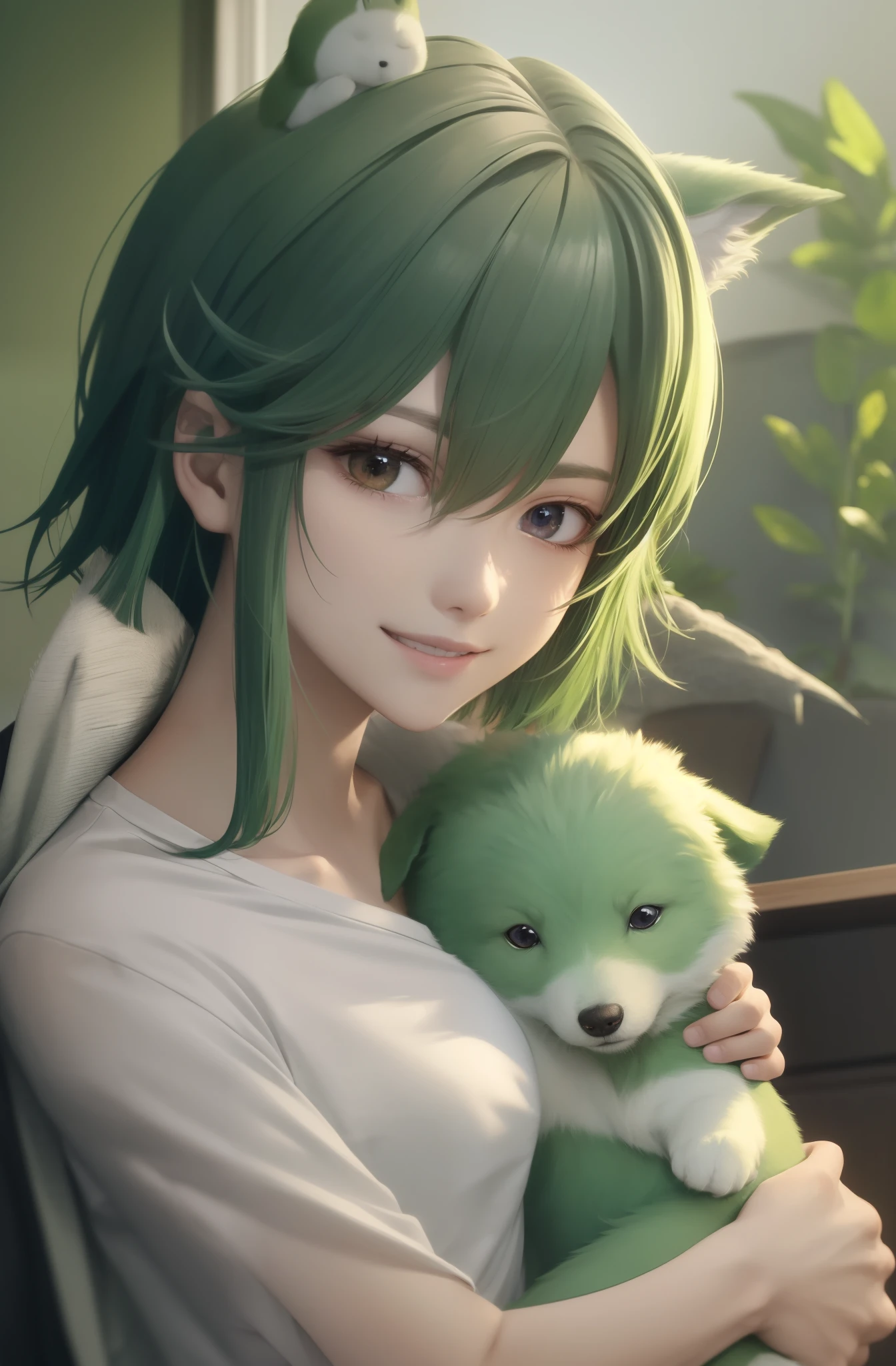 This is an extremely detailed CG portrait with the best lighting and shadows. There is a charming and radiant boy with green hair, wearing a casual white T-shirt, and a green puppy lying on his shoulder. His smile is bright, and his beautiful face exudes warmth and charm.