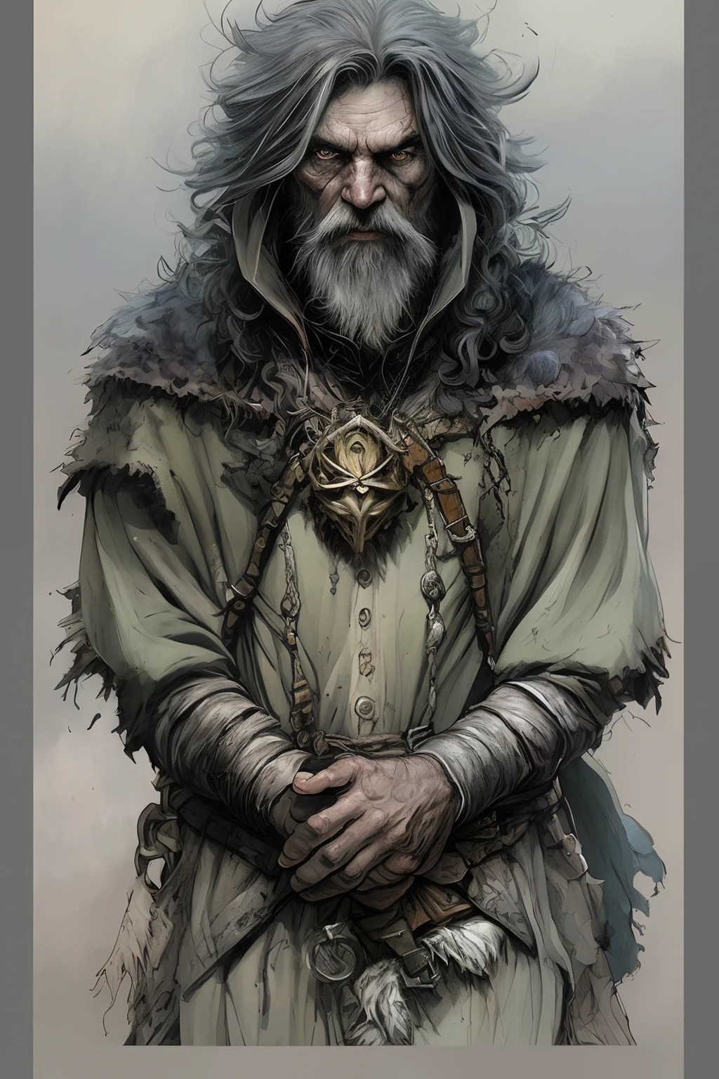 High Angle detailed ((dnd druid man portrait)), Continued , HD, (oil painting:1.1), (comic book art style:1.5),(inked outline:1.3), Stunning, Character, Portrait, (((Looking Sideways))), angular features, (dark grey Graduated Bob Hair), (muted natural colors:1.3) in painterly style by Jean Baptiste Monge