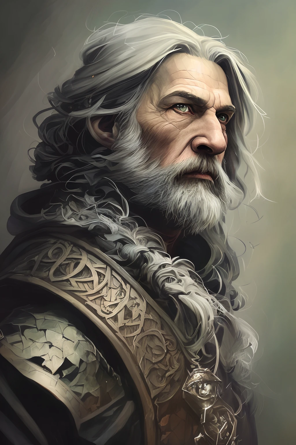 High Angle detailed ((dnd druid man portrait)), Continued , HD, (oil painting:1.1), (comic book art style:1.5),(inked outline:1.3), Stunning, Character, Portrait, (((Looking Sideways))), angular features, (dark grey Graduated Bob Hair), (muted natural colors:1.3) in painterly style by Jean Baptiste Monge