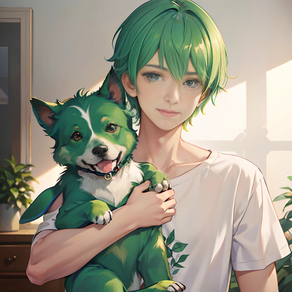 This is an extremely detailed CG portrait with the best lighting and shadows. There is a charming and radiant boy with green hair, wearing a casual white T-shirt, and a green puppy lying on his shoulder. His smile is bright, and his beautiful face exudes warmth and charm.