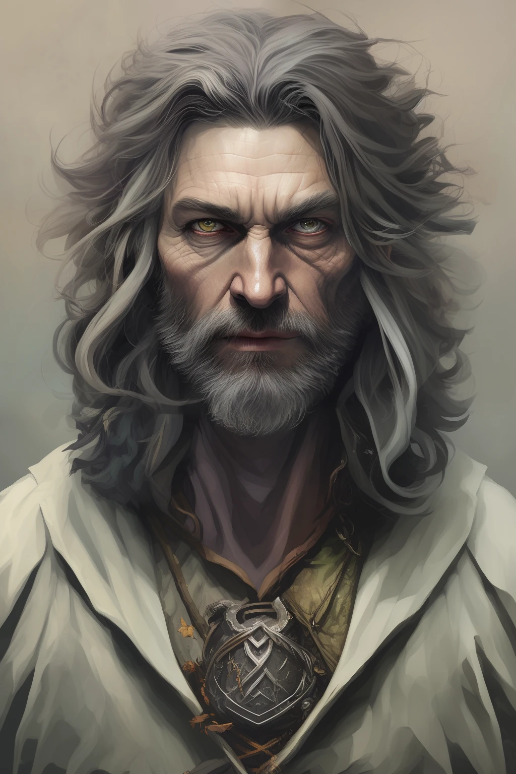 High Angle detailed ((dnd druid man portrait)), Continued , HD, (oil painting:1.1), (comic book art style:1.5),(inked outline:1.3), Stunning, Character, Portrait, (((Looking Sideways))), angular features, (dark grey Graduated Bob Hair), (muted natural colors:1.3) in painterly style by Jean Baptiste Monge