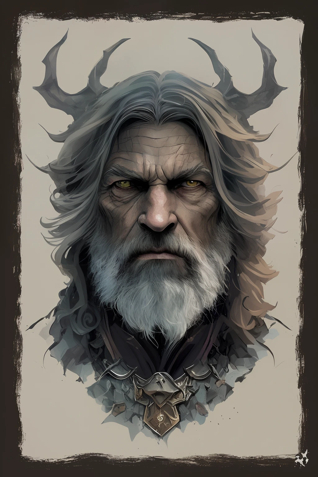 High Angle detailed ((dnd druid man portrait)), Continued , HD, (oil painting:1.1), (comic book art style:1.5),(inked outline:1.3), Stunning, Character, Portrait, (((Looking Sideways))), angular features, (dark grey Graduated Bob Hair), (muted natural colors:1.3) in painterly style by Jean Baptiste Monge