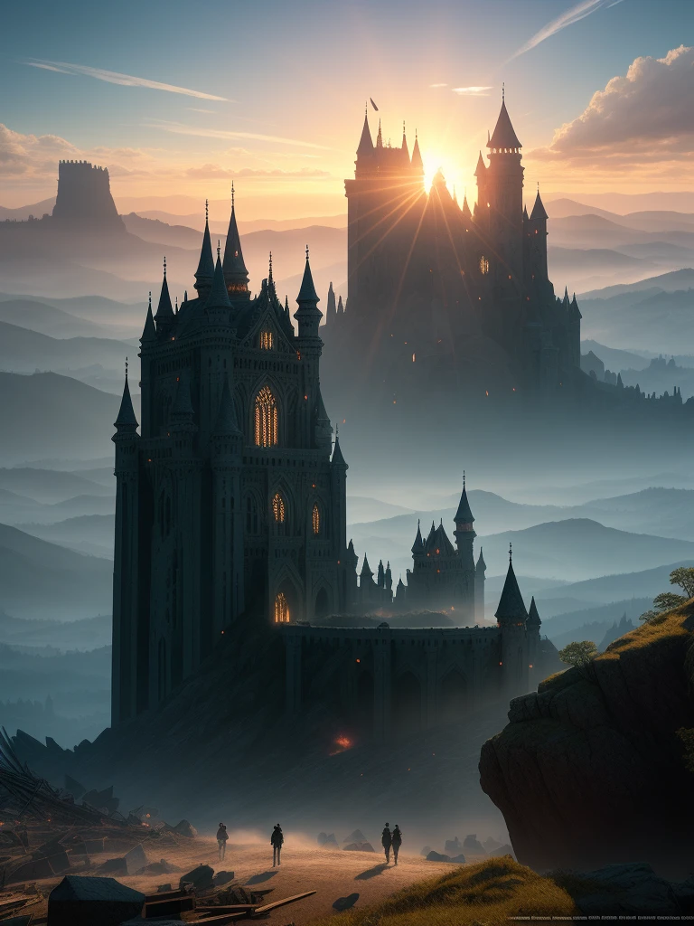 A masterpiece, ultra-detailed CG unity 8k wallpaper depicts a scene of destruction wrought by giant stone golems on a castle. The golems are depicted in extremely delicate detail, towering figures with rugged stone textures and sharp features. The castle, meanwhile, is shown in intricate detail with high resolution and dynamic angles, as it crumbles under the attack. The scene is filled with dramatic illumination and shadow, with volumetric light streaming through the wreckage and a sense of surreal beauty to the chaos.