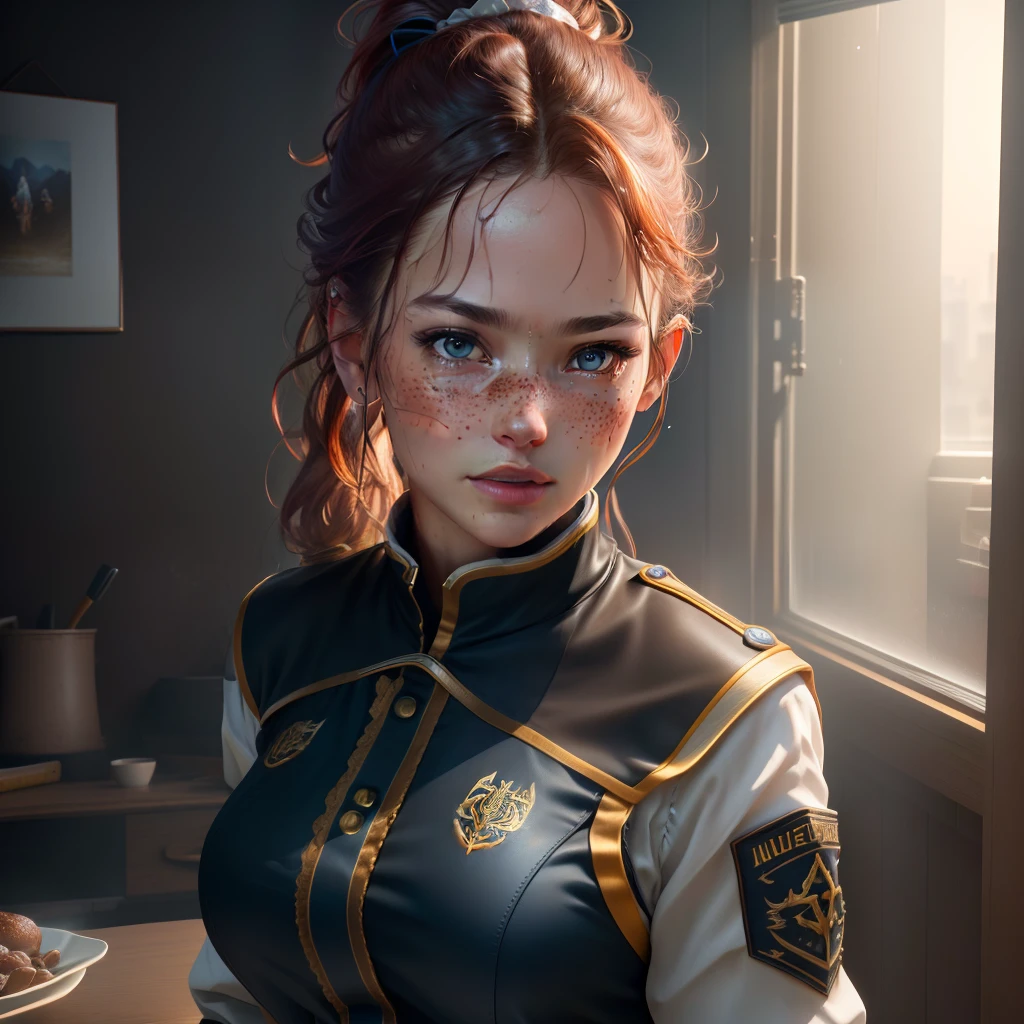 Head, Complex 3D Rendering Ultra-Detailed, 1girl, (NSFW), Looking at the Audience, (PureErosFace_V1:0.6), 18 yo, brown ponytail, wet hair, real skin, freckles and vibrant details, surreal, beautiful background (room:1.2), octane rendering, 8k, best quality, masterpiece, extremely delicate beauty, extremely detailed , CG , uniform ,wallpaper, (realistic, photo realistic: 1.37),amazing, fine details, masterpiece, best quality, official art, extremely detailed CG Unity 8k wallpaper ,
