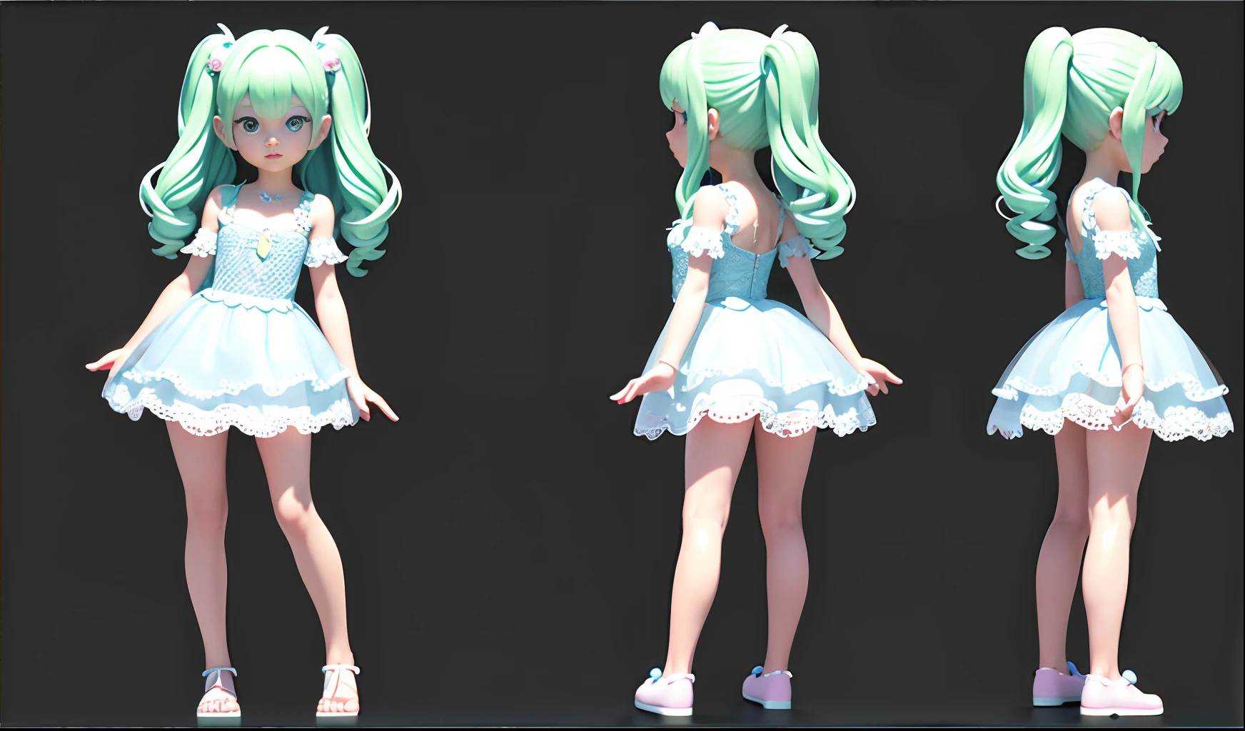 (Same character, front, side, back), (full body), in the center of the picture, realistic materials, detailed lighting, exquisite shadows, 3D toy little girl with exaggerated hair, 3D hair, beautiful eyes, pink-green gradient Big eyes, fluorescent translucent, colorful, plastic, children, transparent, product design, glowing jelly, delicate plastic, delicate light 3d, digital art, translucent plastic bubblegum, closeup, 3d, super detailed, generative front view, side view, back view three view, no frame, c4d, Octane rendering, Blender, HD, full body, simple background! detailed plastic material,