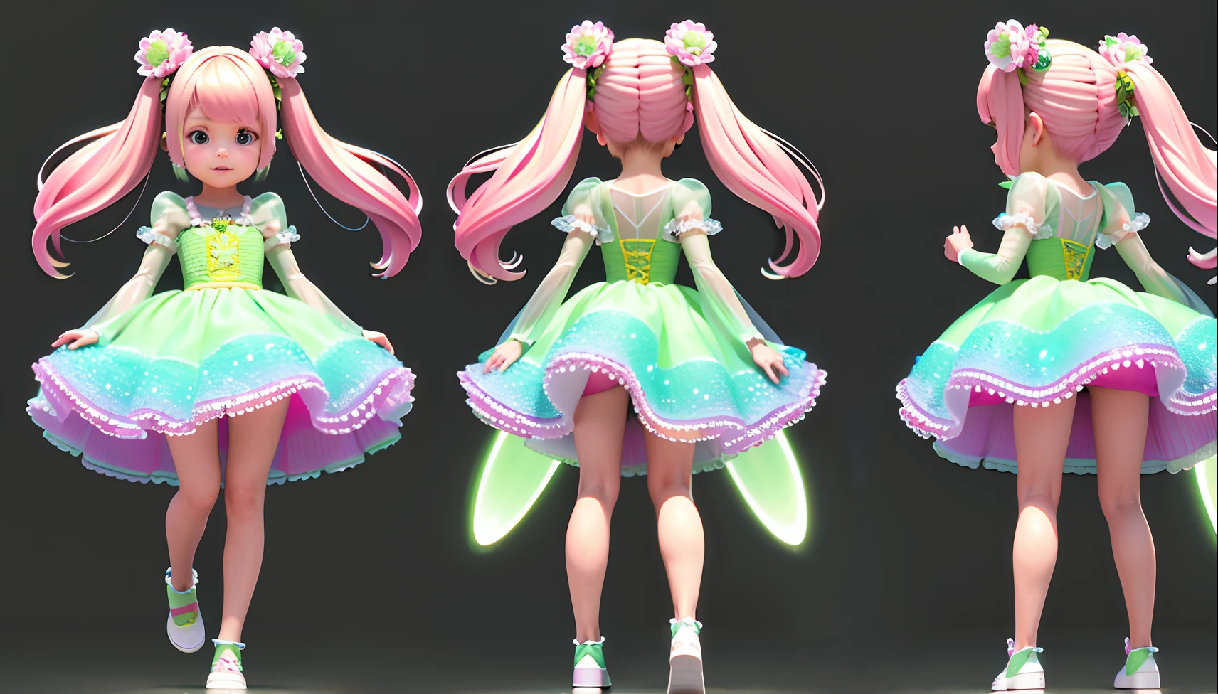 Realistic material, detailed lighting, exquisite light and shadow, 3D toys, exaggerated huge hair, little girl (full body) (same character, front, side, back) cute, 3D hair, cute hair accessories, ((children) ), beautiful eyes, cute big eyes, cute face, pink-green gradient, bulging skirt, cute skirt, chib, fluorescent translucent, colorful, plastic, children, transparent, product design, luminous jelly, delicate and cute plastic , beautiful lighting 3d, digital art, translucent plastic bubblegum, close-up, 3d, super detailed, generate front view, side view, back view three views, no borders, c4d, Octane rendering, Blender, HD, full body, simple background ! detailed plastic material,Masterpiece, best quality, (very detailed model), (best quality), octane rendering, ray tracing, very detailed