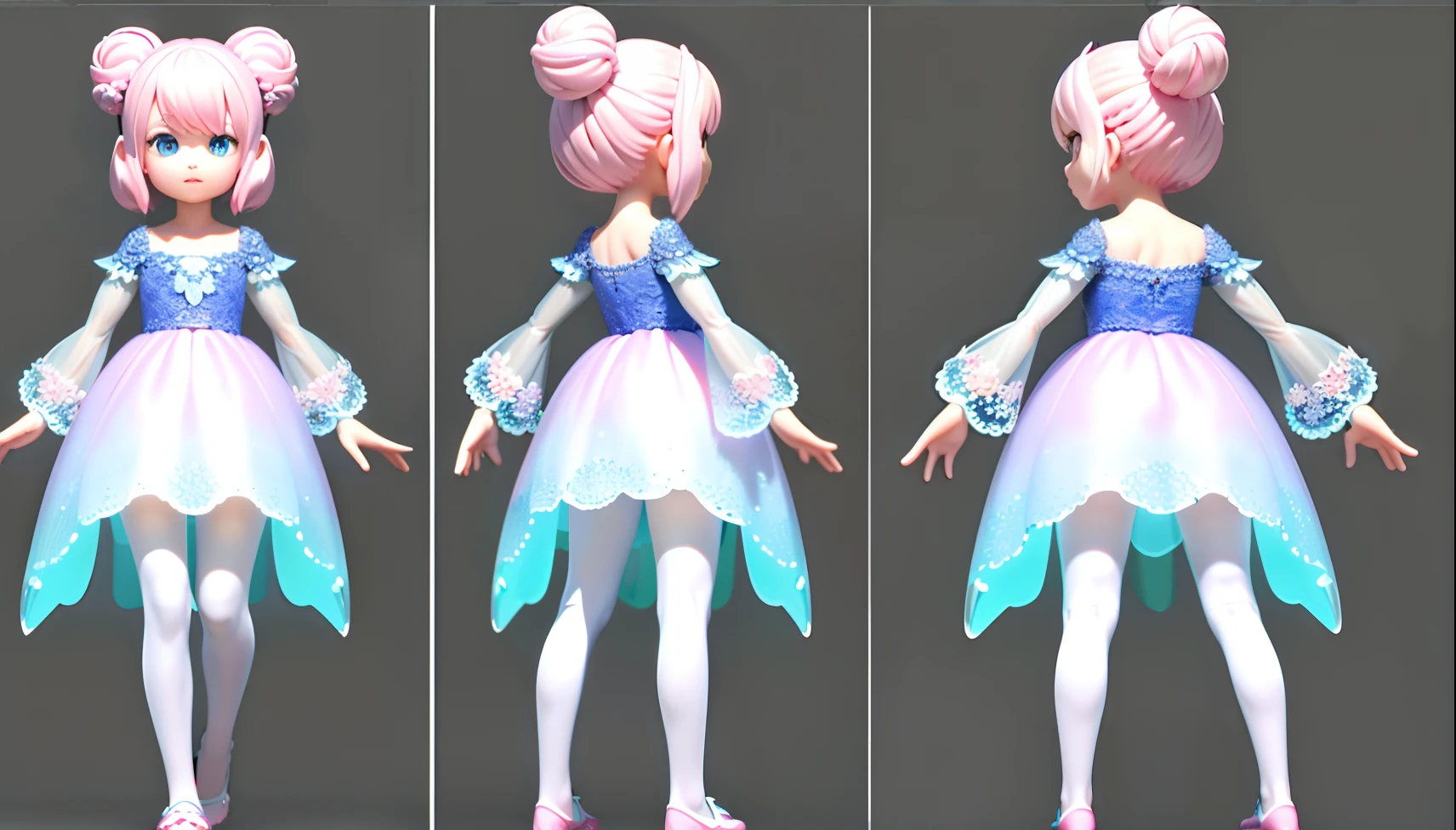 (Same character, front, side, back), (full body), in the center of the picture, realistic materials, detailed lighting, exquisite shadows, 3D toy little girl with exaggerated hair, 3D hair, beautiful eyes, pink-green gradient Big eyes, chib, fluorescent translucent, colorful, plastic, children, transparent, product design, glowing jelly, delicate plastic, delicate light 3d, digital art, translucent plastic bubblegum, closeup, 3d, super detailed, generative front view, side view, back view three view, no frame, c4d, Octane rendering, Blender, HD, full body, simple background! detailed plastic material,