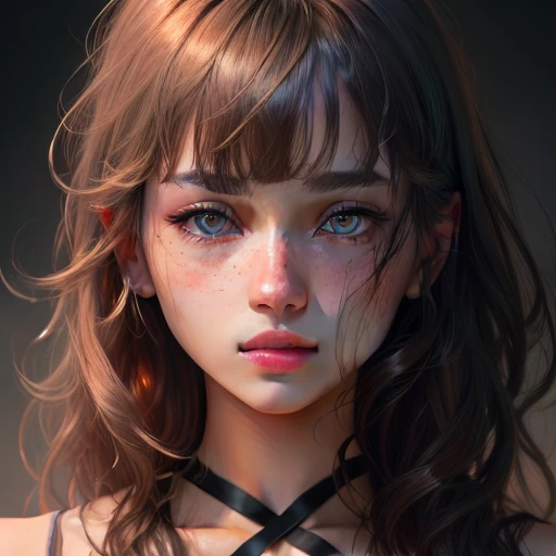 best quality, ultra high res, (photorealistic:1.4), 1 girl, looking at viewer, lustrous skin, glowing eyes, oval face, messy_hair, blunt bangs, ombre, blush, makeup, untied, unkempt, Pursed_lips, lips, ulzzang-6500-v2.2