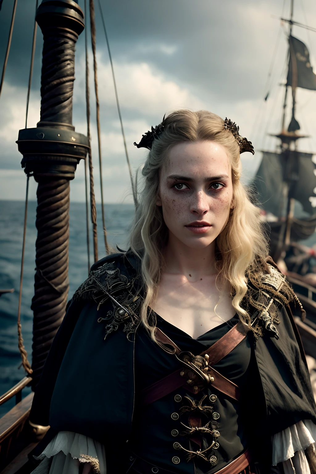 cinematic movie of dark witch, dirty pale skin, older women, no makeup, upper body,dark scruffy hair, action shot, wearing torn and dirty black robes, detailed skin, 20 megapixel, canon eos r3, detailed freckles skin, detailed, detailed face, in style of (dark fantasy pirate ship)+, movie grain