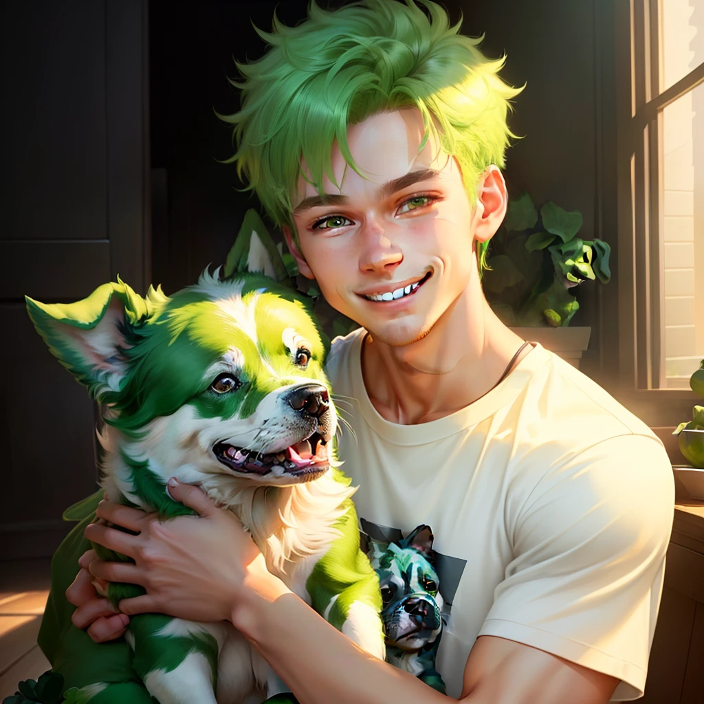 This is an extremely detailed CG portrait with the best lighting and shadows. There is a charming and radiant boy with green hair, wearing a casual white T-shirt, holding a green puppy, and the dog is eating cabbage. The smile is bright, and the beautiful face exudes warmth and charm.