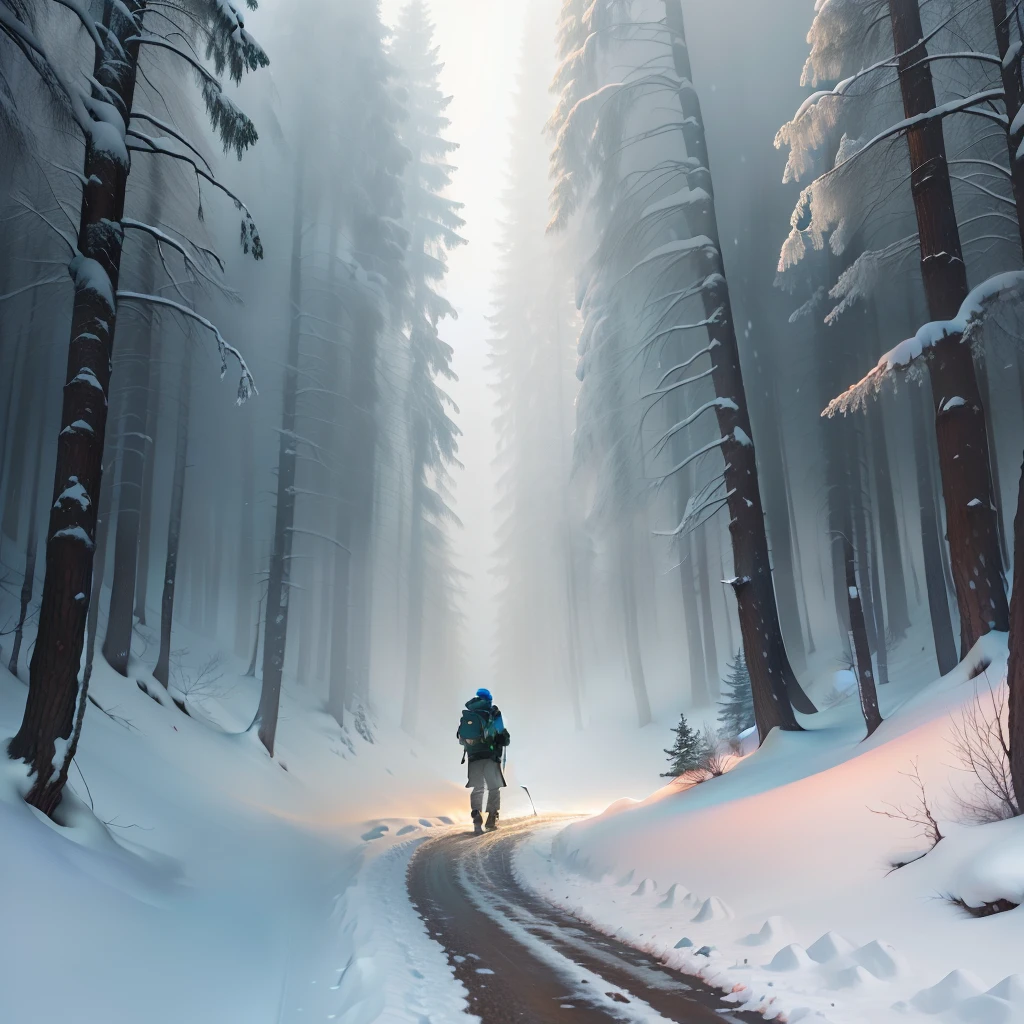 "An ethereal winter wonderland where nature's poise and serenity shine through. We trek along a forest road blanketed with a thick layer of soft, powdery snow. Every step we take creates a satisfying crunching sound, while our breaths create small billows of mist that disappear into the calm winter air."