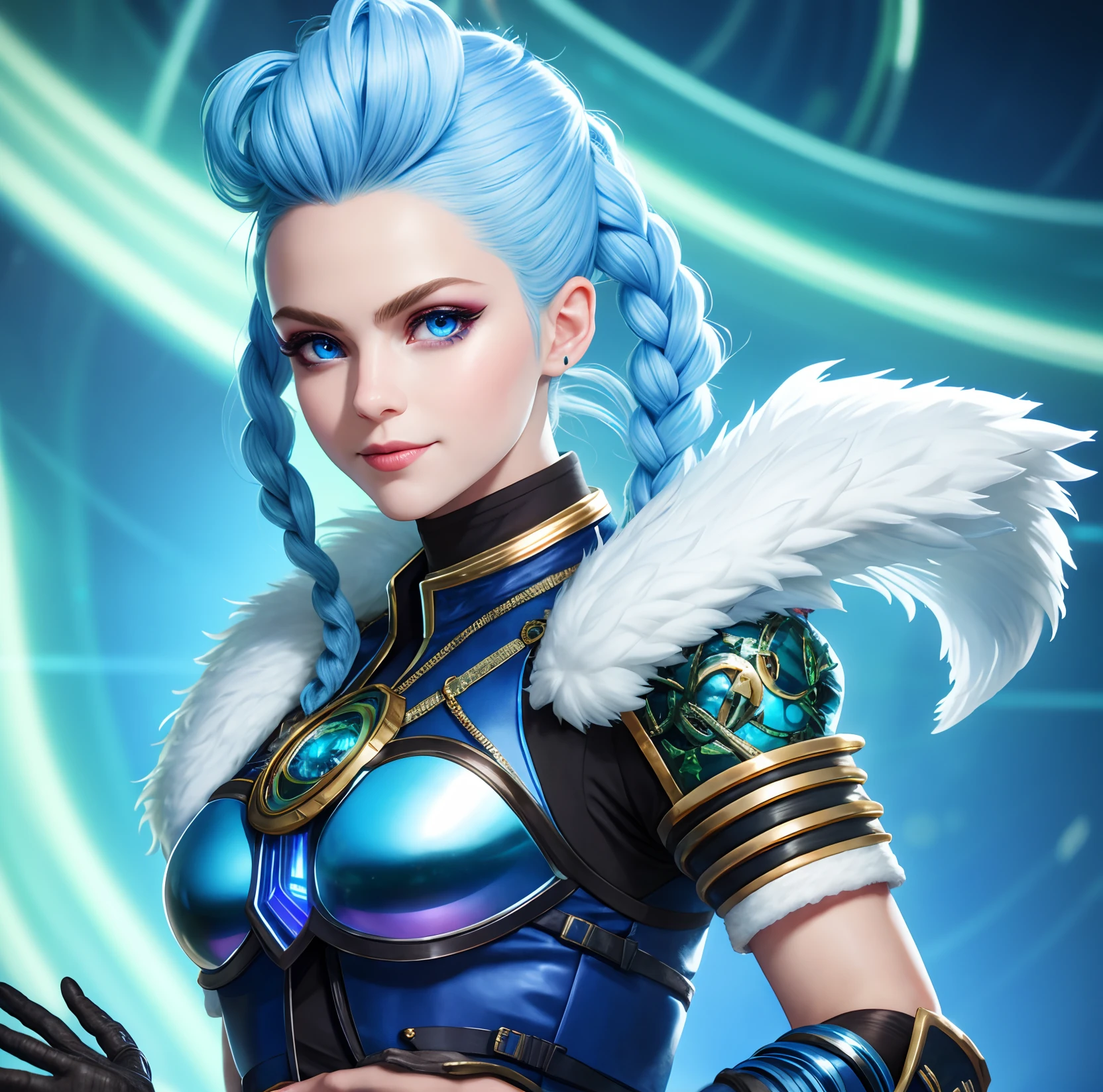 White and blue eyes, Captain Teemo from League of Legends wearing cropped top, 1 yordle, gloves, braided blue hair, lips, smile, complex 3d render super detailed, 150 mm, beautiful studio soft light, rim light, vibrant detail, luxury, lace, surreal, anatomy, facial muscles, elegance, beautiful background, octane render, H. R. Giger style, 8k, best quality, masterpiece, illustration, highly detailed, cg, unity, wallpaper, (realistic, fidelity:1.37), stunning, fine detail, masterpiece, best quality, official art, extremely detailed cg unity 8k wallpaper, ridiculous , unbelievably ridiculous, bright colors, flashy, powerful colors