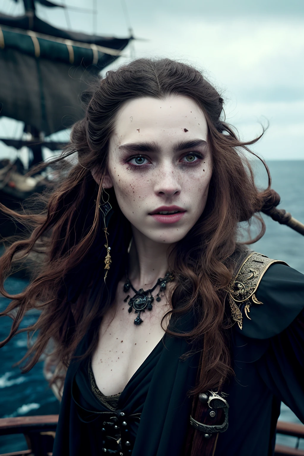 cinematic movie of dark witch, dirty pale skin, older women, no makeup, upper body,dark scruffy hair, action shot, wearing torn and dirty black robes, detailed skin, 20 megapixel, canon eos r3, detailed freckles skin, detailed, detailed face, in style of (dark fantasy pirate ship)+, movie grain
