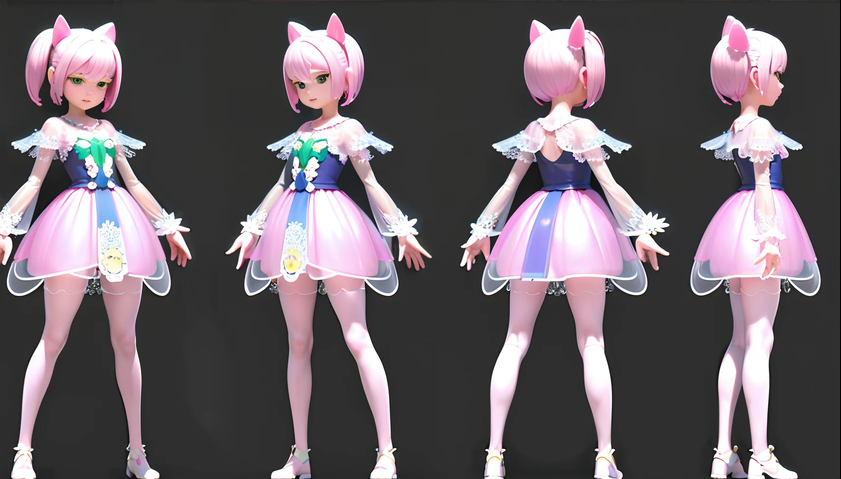 (Same character, front, side, back), (full body), in the center of the picture, realistic materials, detailed lighting, exquisite shadows, 3D toy little girl with exaggerated hair, 3D hair, beautiful eyes, pink-green gradient Big eyes, chib, fluorescent translucent, colorful, plastic, children, transparent, product design, glowing jelly, delicate plastic, delicate light 3d, digital art, translucent plastic bubblegum, closeup, 3d, super detailed, generative front view, side view, back view three view, no frame, c4d, Octane rendering, Blender, HD, full body, simple background! detailed plastic material,