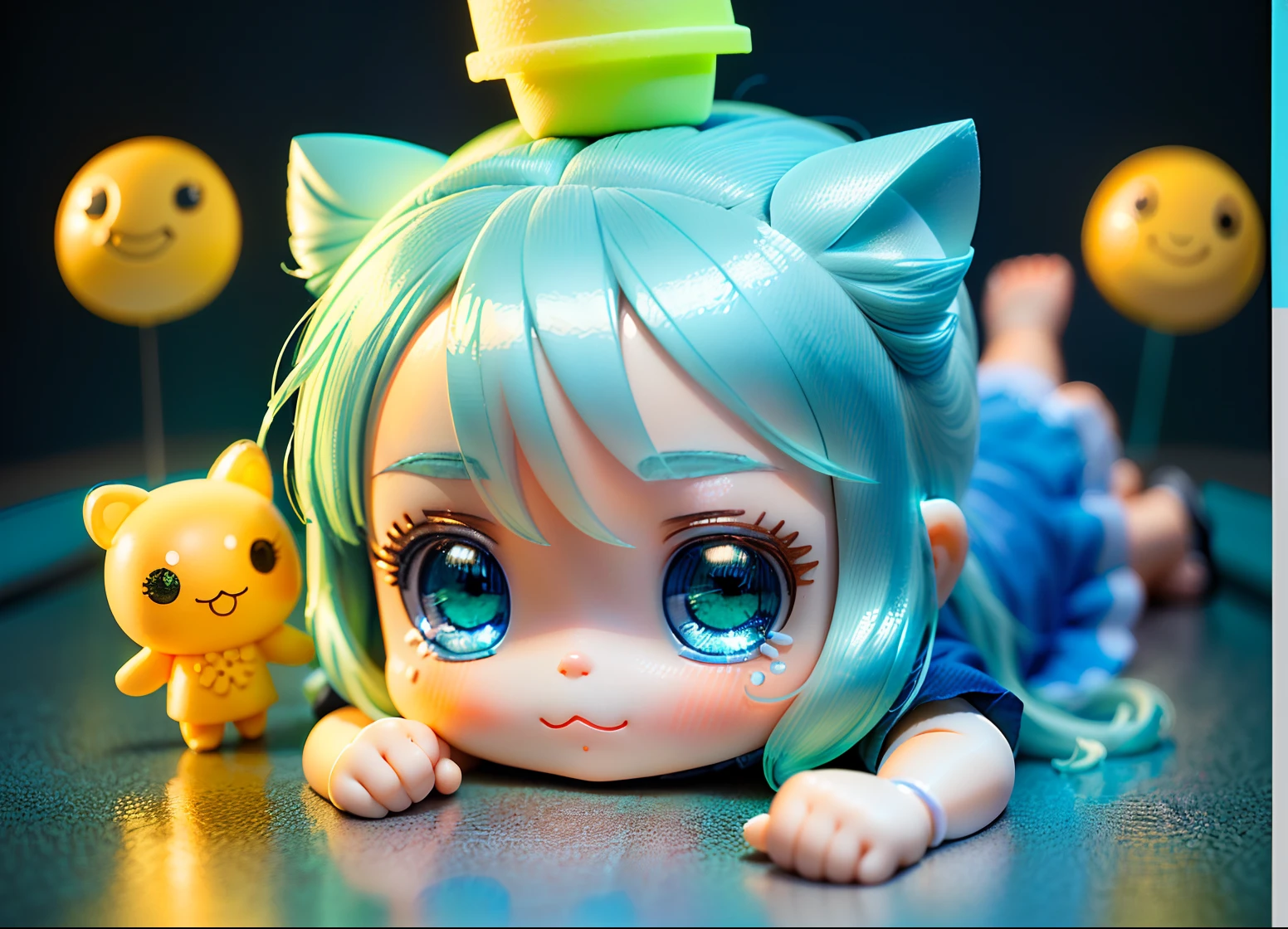 The full body 3d artwork of super cute girl, 1 girl, good-looking eyes, big eyes , ice cream, cute, happy, c4d,pop Matt Blind Box, , glowing bubbles, toys,solid color background, chibi, fluorescent translucent, glowing body,kawaii,, doll, concept art, T pose, reference sheet, pop mart blind box, Pixar,green watery - eyes,complex details, 3d render, blender, OC renderer, foll body reference sheet, dribble, high details, 8k, studio lighting,li, pee, childdlers, ibi, sdcharacter:1.1