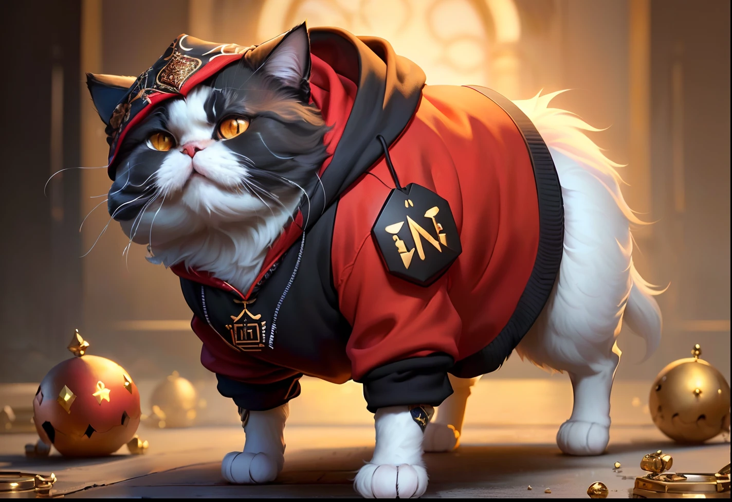 
(A Persian cat wearing a black hoodie and a red headscarf, raising a paw to cover the buttocks of another West Coast style black cat), cg, game, artstation style, pinterest, full shot, personified expressions, rich colors, exquisite details, masterpieces, realistic, artistic, cg, realistic, unreal engine, real light and shadow, beautiful and rich colors, amazing details, high-quality
