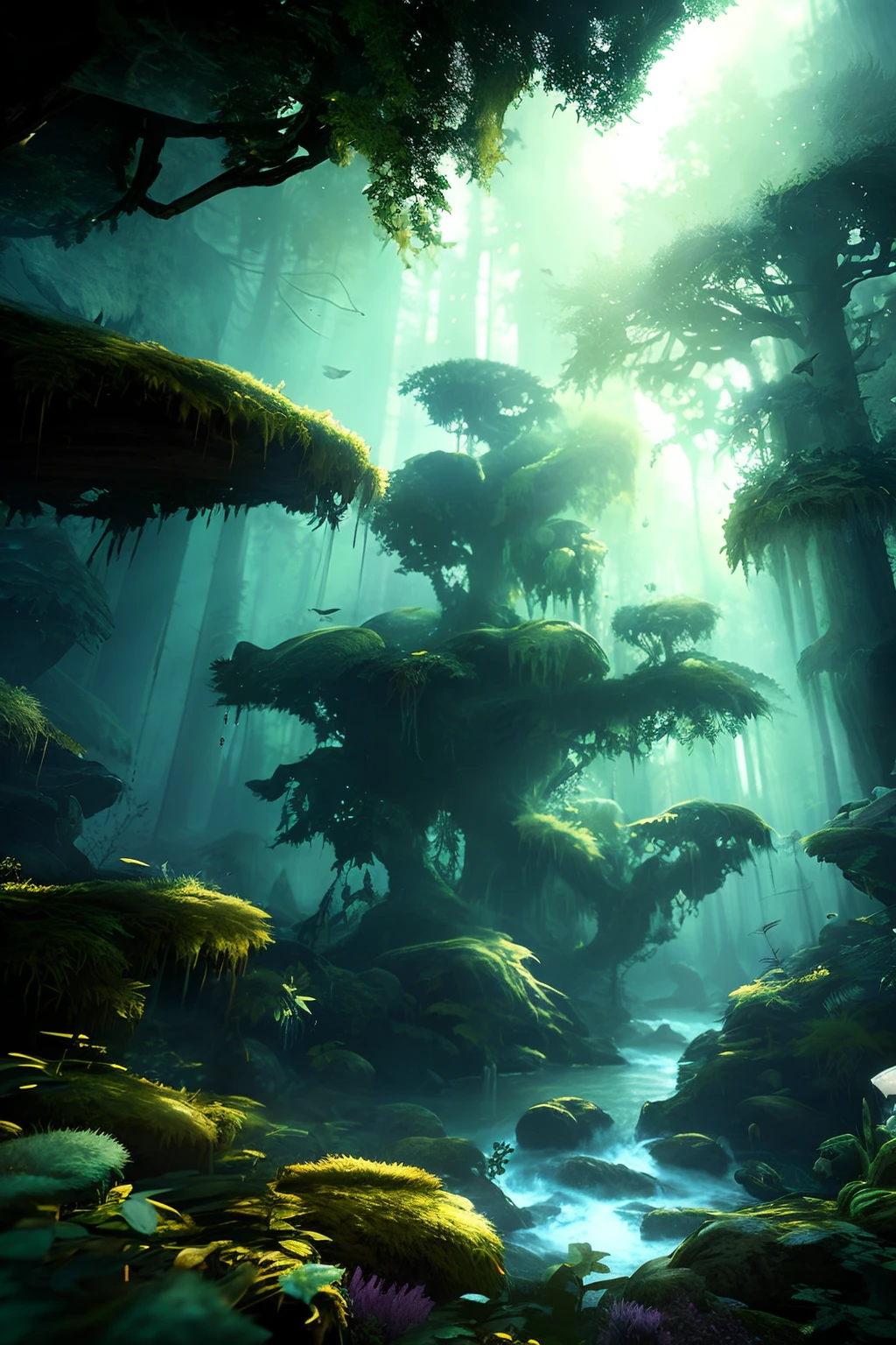 explorer in deep elder growth forest intricately detailed natural volumetric lighting fantasy atmosphere