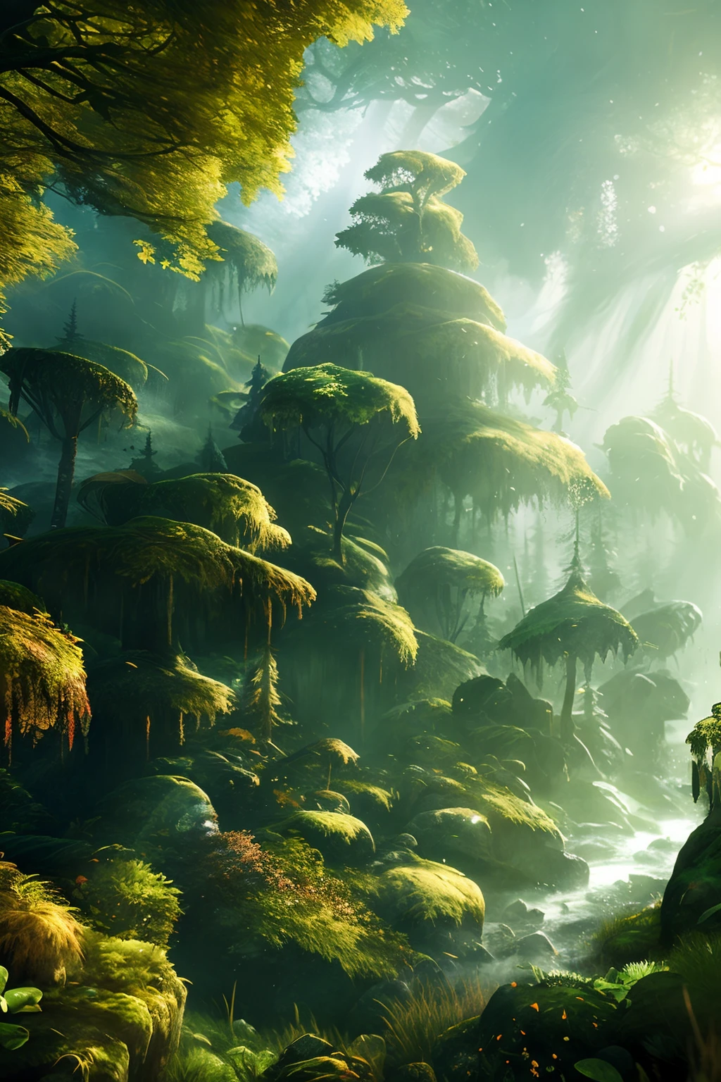 explorer in deep elder growth forest intricately detailed natural volumetric lighting fantasy atmosphere