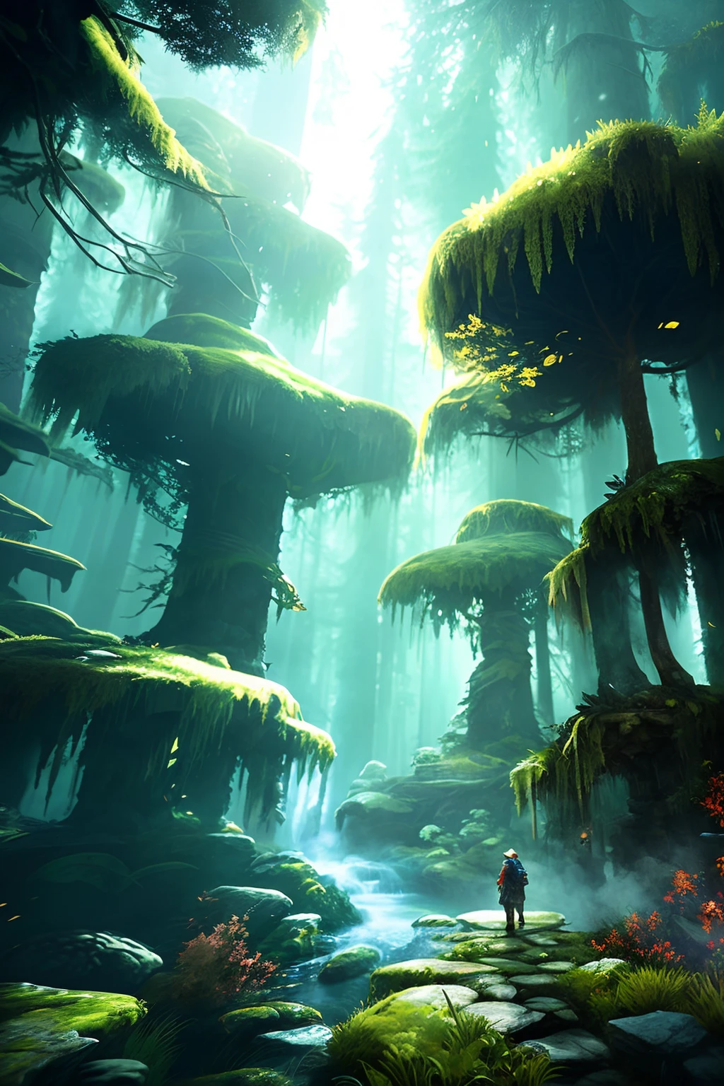 explorer in deep elder growth forest intricately detailed natural volumetric lighting fantasy atmosphere