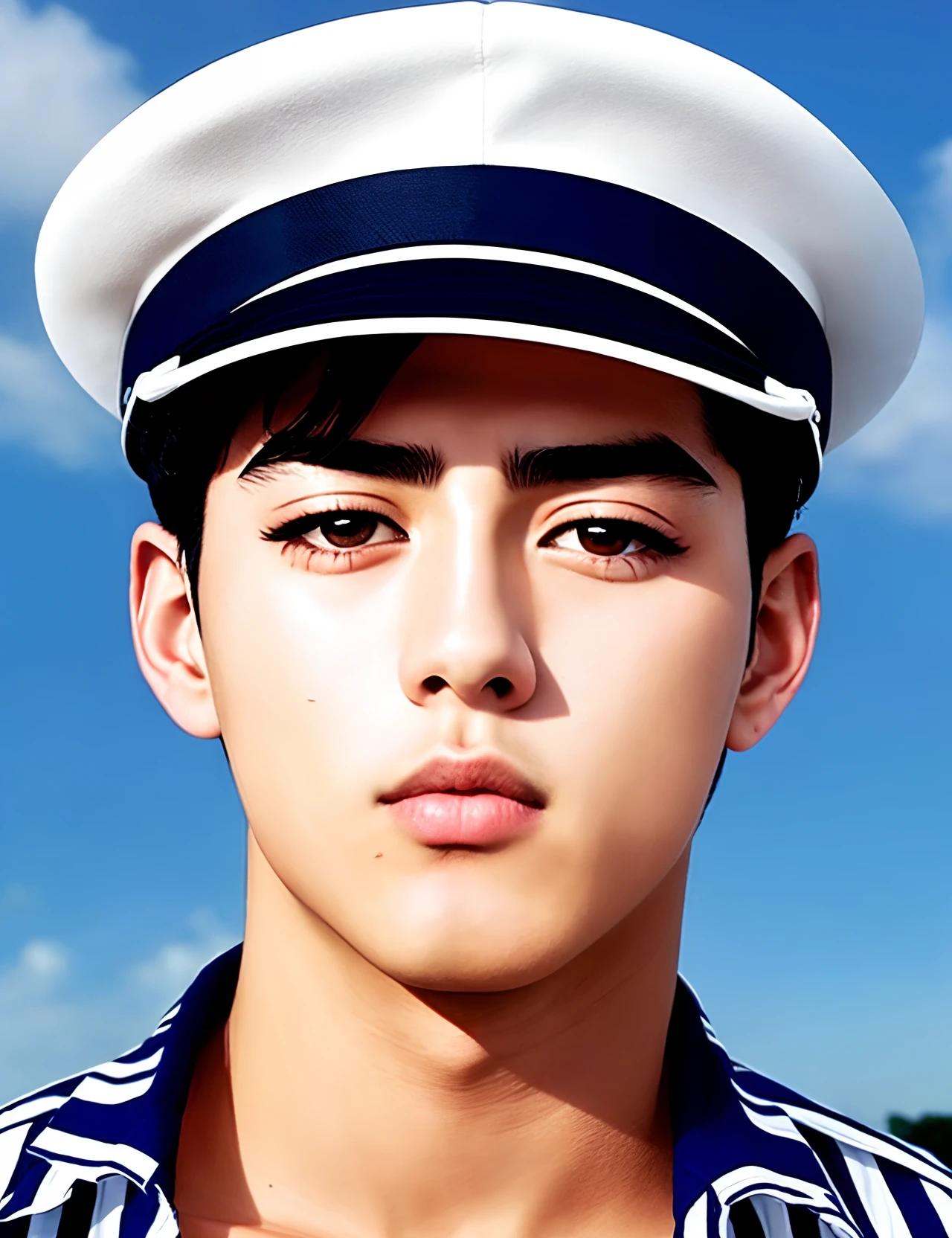 jojolion,Higashikata Josuke(东方定助),handsome,19 year old, young man,white navy hat with blue stripes,thin eyebrows,black hair,shocked expression,sweat on face,white clothes