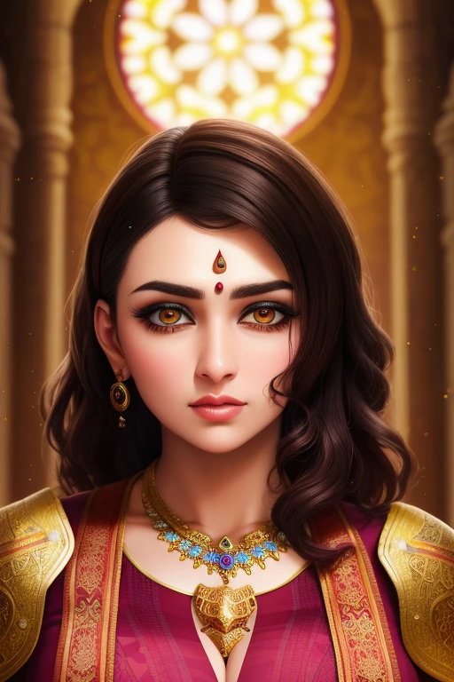 a woman in a robe standing in a abandoned church, detailed face, medieval, fantasy, india, Hinduism, indian clothes, a close up portrait photo of beautiful Hansika Motwani, Hansika Motwani