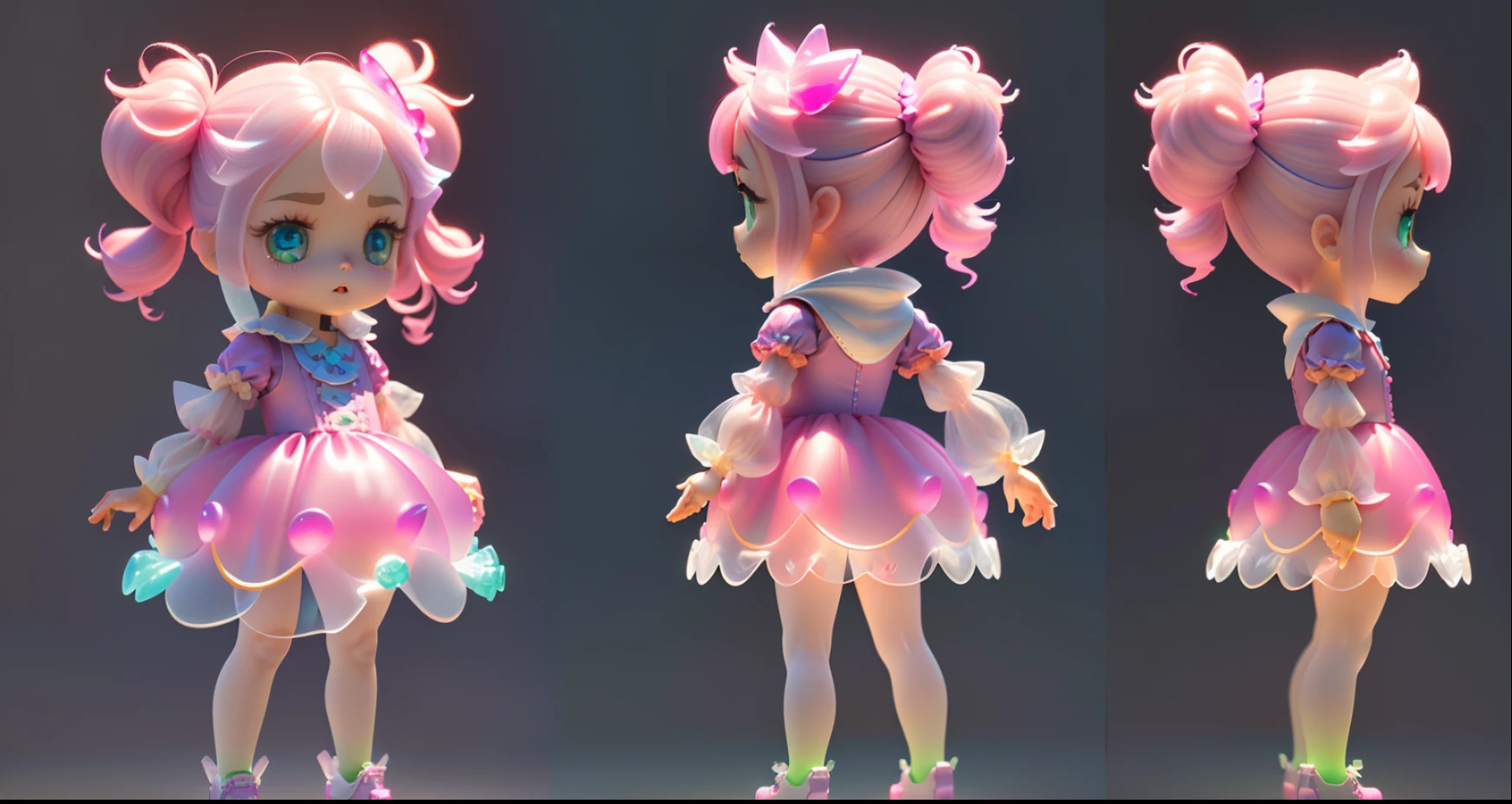 (Same character, front, side, back), (full body), realistic materials, detailed lighting, exquisite shadows, 3D toys exaggerated hair  girl 3D hair, beautiful eyes, big eyes with pink-green gradient, chib, Fluorescent translucent, colorful, plastic, kids, transparent, product design, glowing jelly, delicate and cute plastic, exquisite lighting 3d, digital art, translucent plastic bubblegum, closeup, 3d, super detailed, generated front view, side view, back view Three views, no borders, c4d, Octane rendering, Blender, HD, full body, simple background! detailed plastic material,