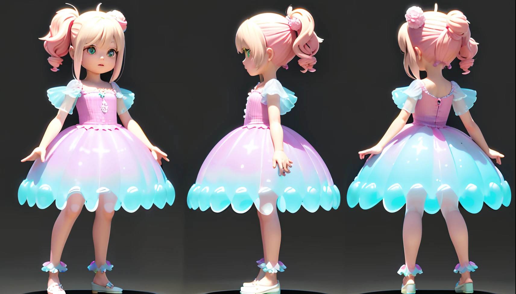 (Same character, front, side, back), (full body), in the center of the picture, realistic materials, detailed lighting, exquisite shadows, 3D toy little girl with exaggerated hair, 3D hair, beautiful eyes, pink-green gradient Big eyes, chib, fluorescent translucent, colorful, plastic, children, transparent, product design, glowing jelly, delicate plastic, delicate light 3d, digital art, translucent plastic bubblegum, closeup, 3d, super detailed, generative front view, side view, back view three view, no frame, c4d, Octane rendering, Blender, HD, full body, simple background! detailed plastic material,