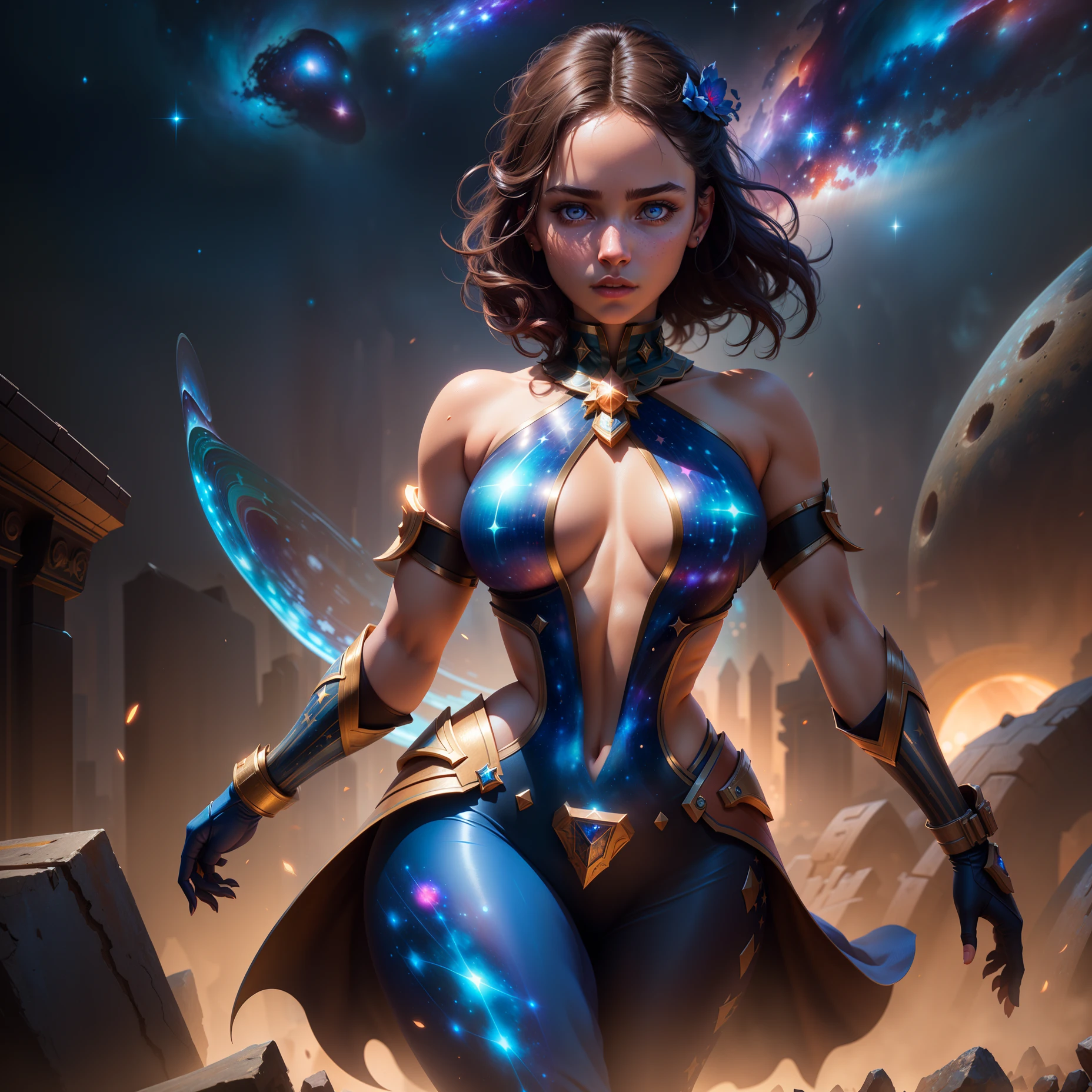 Highly detailed RAW color Photo, beautiful young girl, dynamic pose, (wide hips), (detailed skin), (detailed lips), (detailed eyes), (cosmic:1.4), (necropolis:1.1), (Sci-Fi setting) (detailed face), (curvy), detailed eyes, chromatic aberration, depth of field, soft lighting, masterpiece, best quality, intricate, (lens flare:0.7), (bloom:0.7), particle effects, raytracing, tone mapped, highly detailed, concept art, smooth, sharp focus, dramatic lighting, highly detailed artwork, cinematic, hyper realistic painting, trending on Artstation, 8K, incredible shadows, realistic, (highly detailed background:1.2), art by midjourney