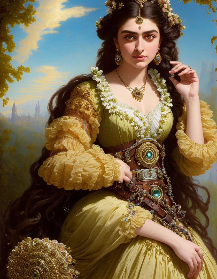 Best quality, illustration, detailed, high fantasy, Young beautiful 18-year-old woman, elegant, medium shot, intricate, (ethereal clothes:1.1), encrusted belt, embroidered, (Fantasy City:1.1), (romanticism:1.1), (art by Franz Xaver Winterhalter:1.2), india, Hinduism, indian clothes, a close up portrait photo of beautiful Hansika Motwani, Hansika Motwani