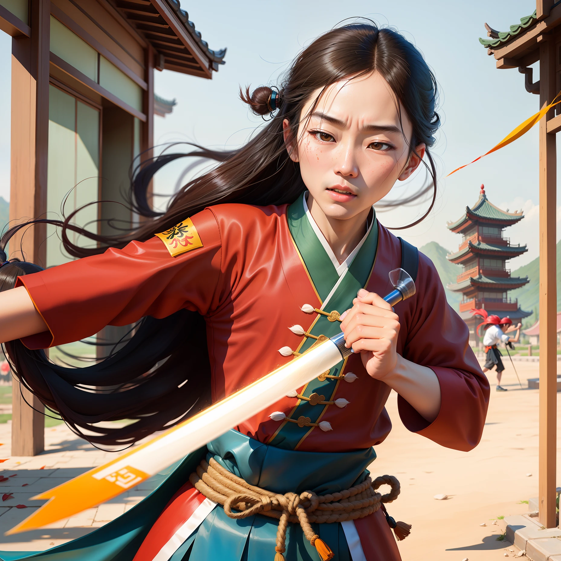 extreme close-up, Epic ink bending shot, POVview, First person, huge Chinese bladeattacking the viewer, solo, A handsome martial arts girl ofthe Tang Dynasty in China, exaggerated perspective, breathtakingmoment, by Qi Baishi, Wu Guanzhong, Zhang Kechun --ar 3:4s 150 --niji 5 --style expressive